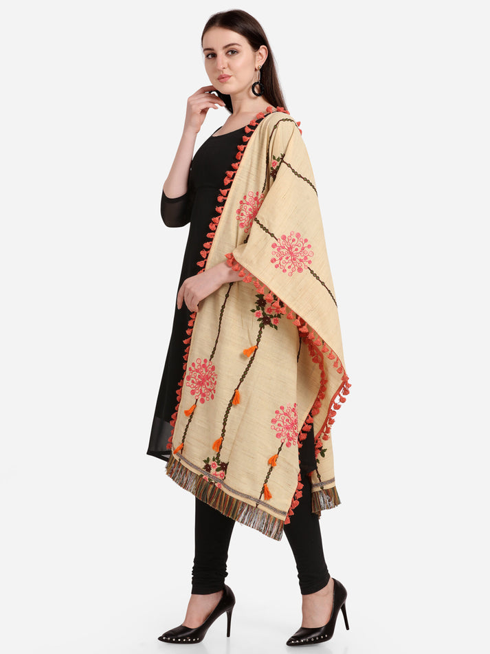 Beige Floral Embroidered Khadi Cotton Dupatta for Festive Wear