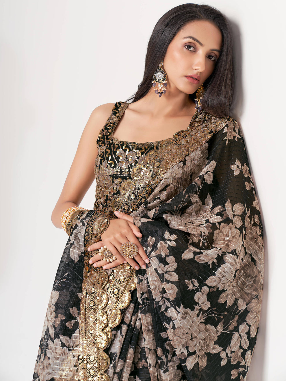 Trendy Organza Fabric Designer Digital Printed Sequins Work For Festival Wear Saree