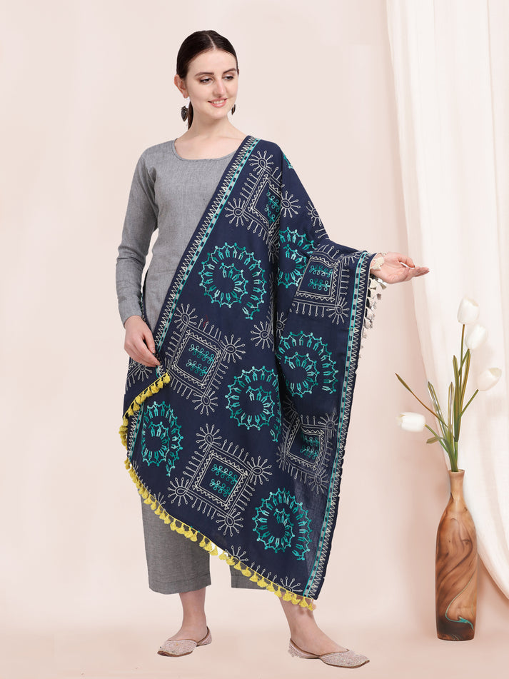 Navy Blue Designer Khadi Cotton Dupatta with Heavy Embroidery