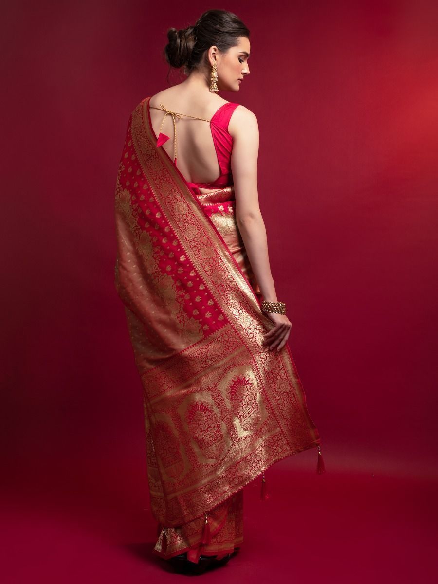 Women's Wear Ready To Wear Red Color Weaving Work Stylish Silk Fabric Saree