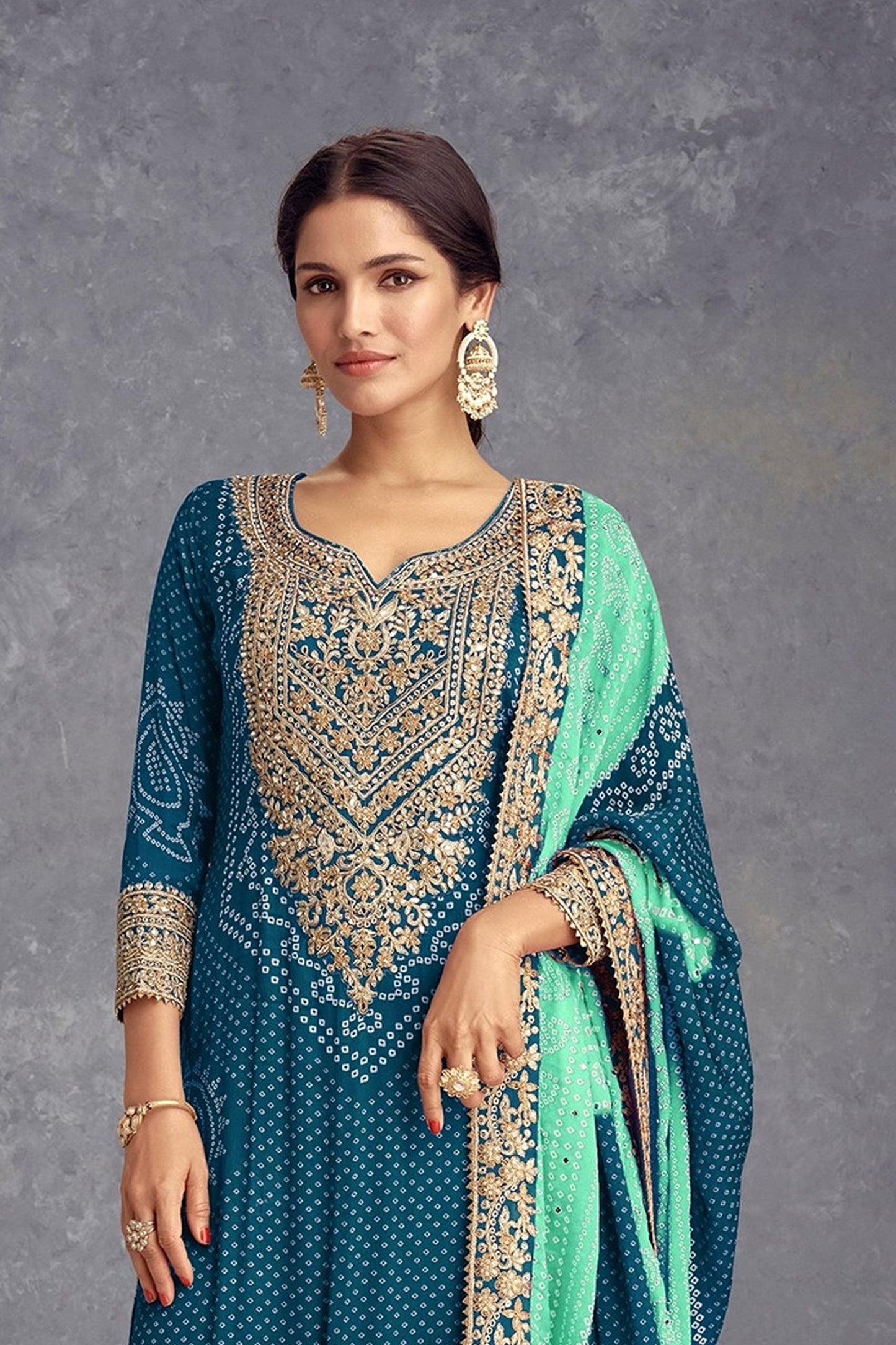 Special Teal Color Embroidery Work Reay To Wear Style Plazzo Dress