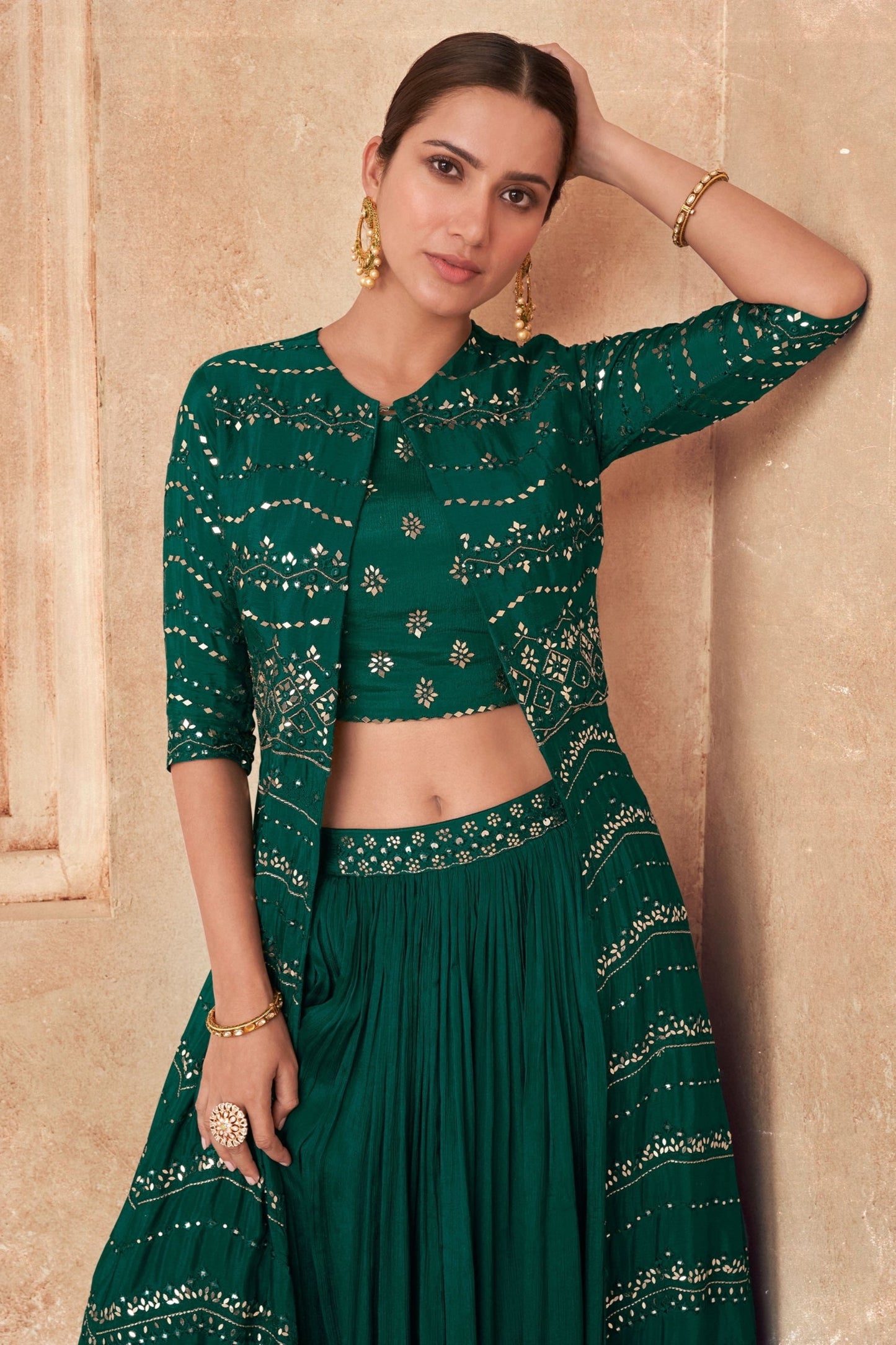 Beautiful Teal Green Color Heavy Georgette Jacket Lehenga Ready To Wear For Haldi, Mahendi, Ring Ceremony And Marriage