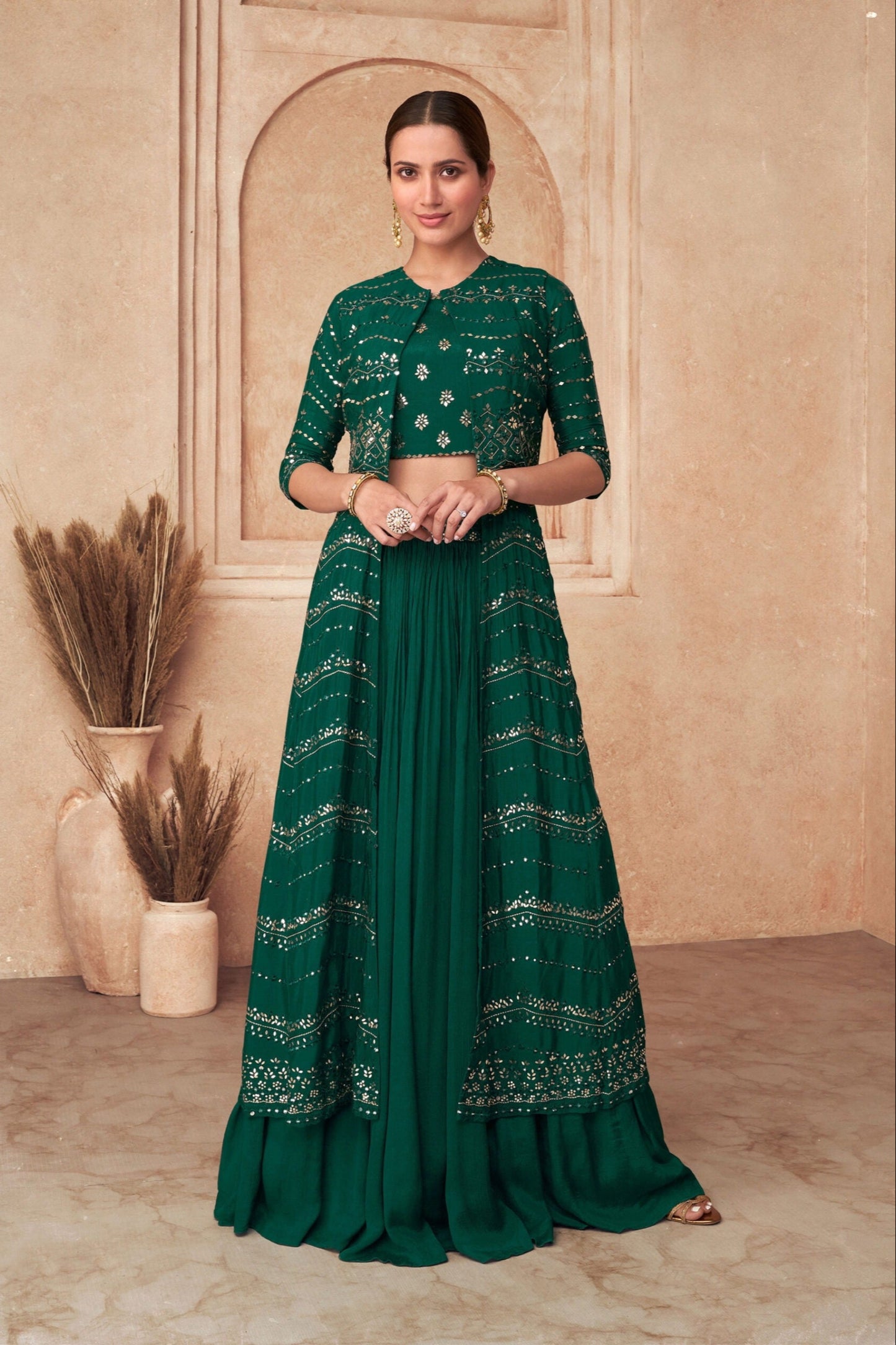 Beautiful Teal Green Color Heavy Georgette Jacket Lehenga Ready To Wear For Haldi, Mahendi, Ring Ceremony And Marriage