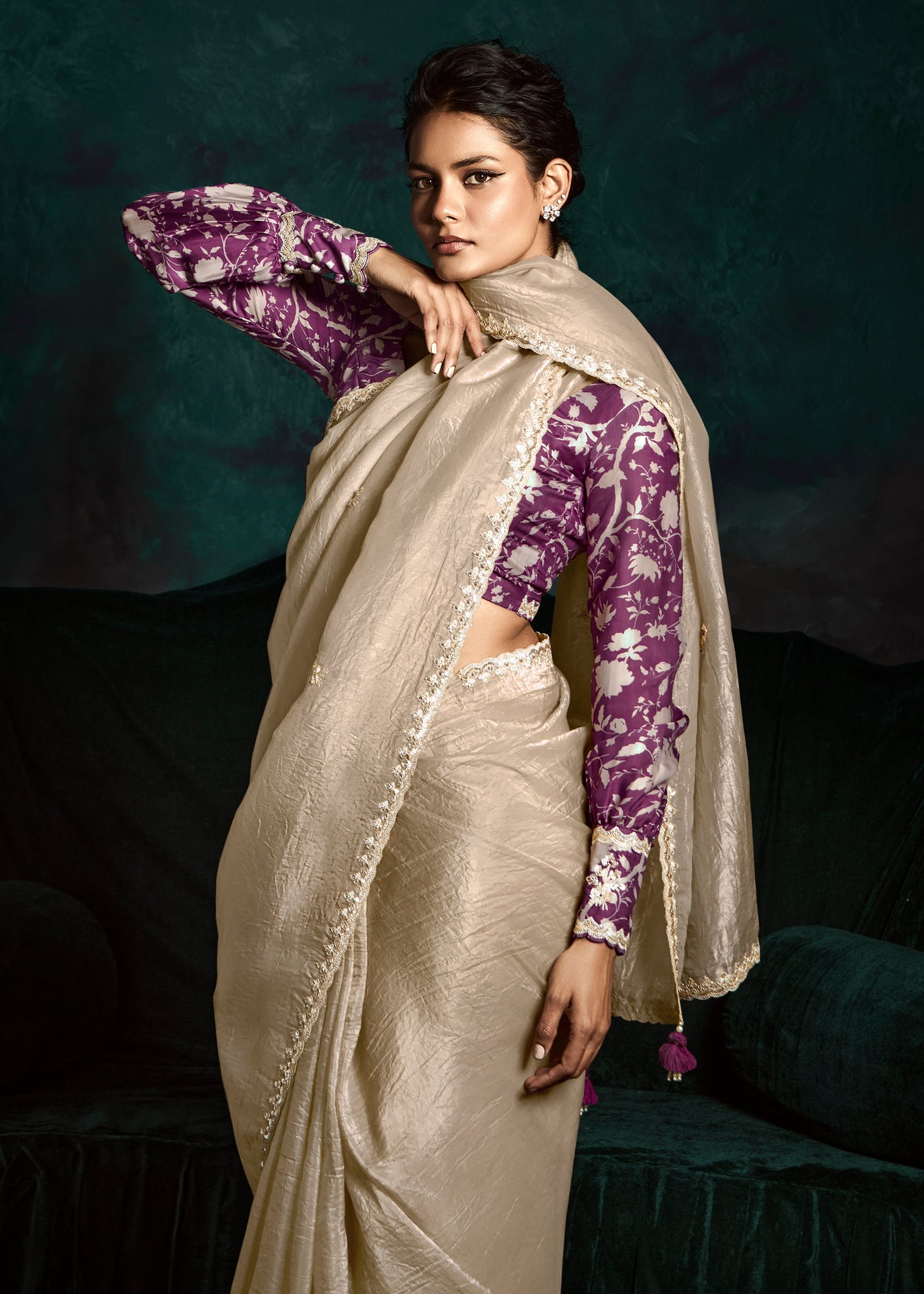 Beige Color Designer Embroidery Work Saree With Printed Blouse