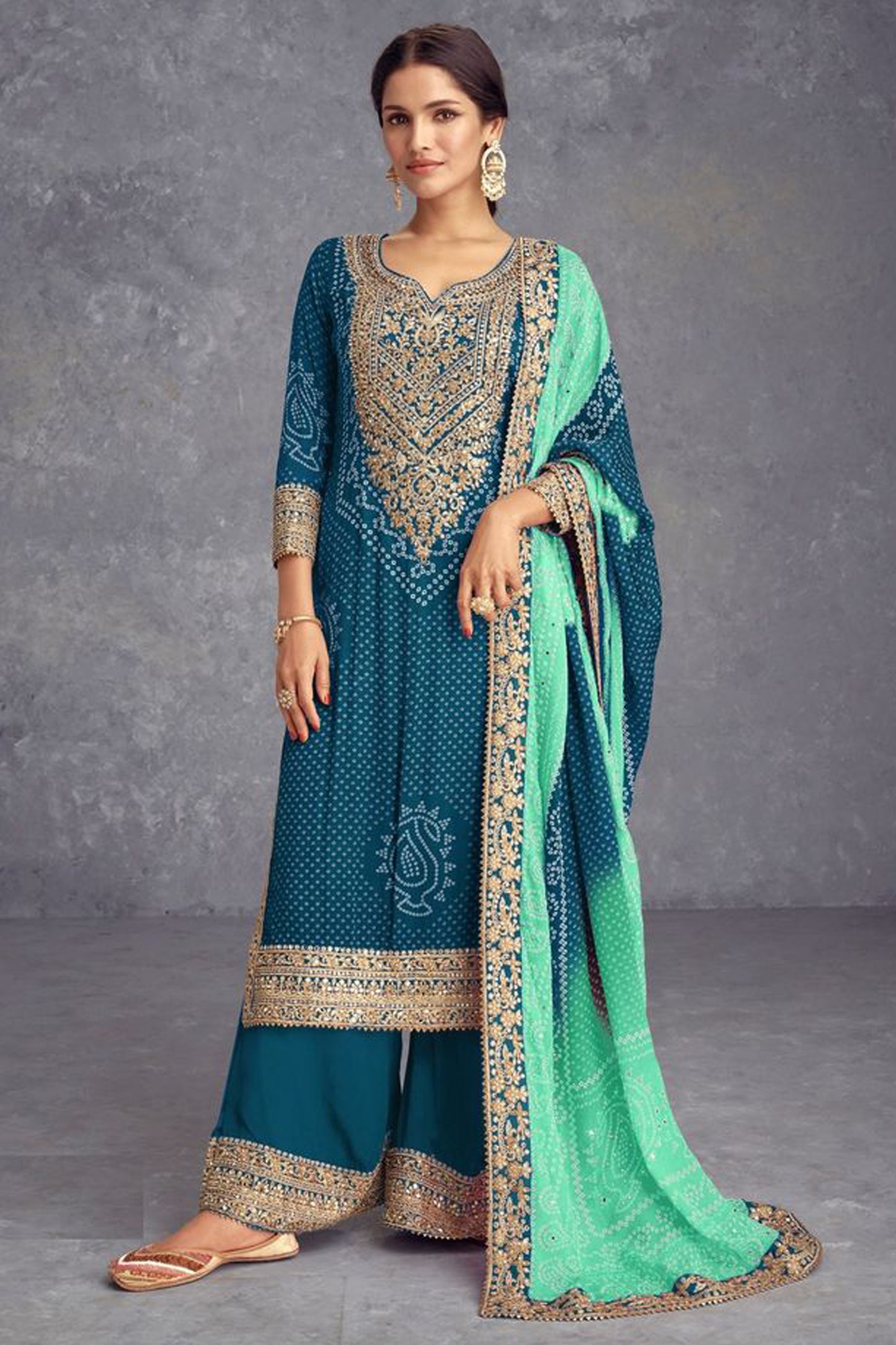 Special Teal Color Embroidery Work Reay To Wear Style Plazzo Dress