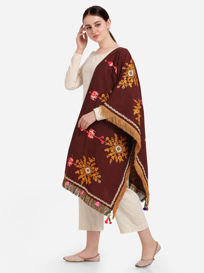 Brown Embroidered & Floral Print Khadi Cotton Dupatta