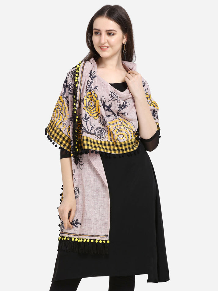 Gray Rose Print Embroidered Khadi Cotton Designer Dupatta