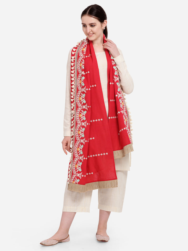 Trendy Style Red Floral Design Embroidered Stole Khadi Cotton Dupatta
