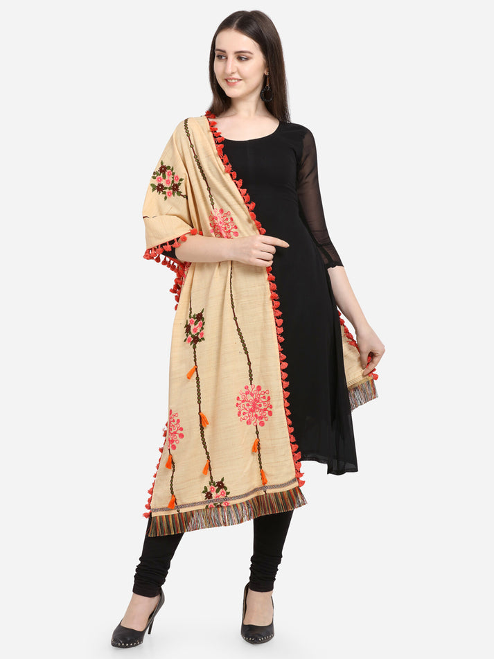 Beige Floral Embroidered Khadi Cotton Dupatta for Festive Wear