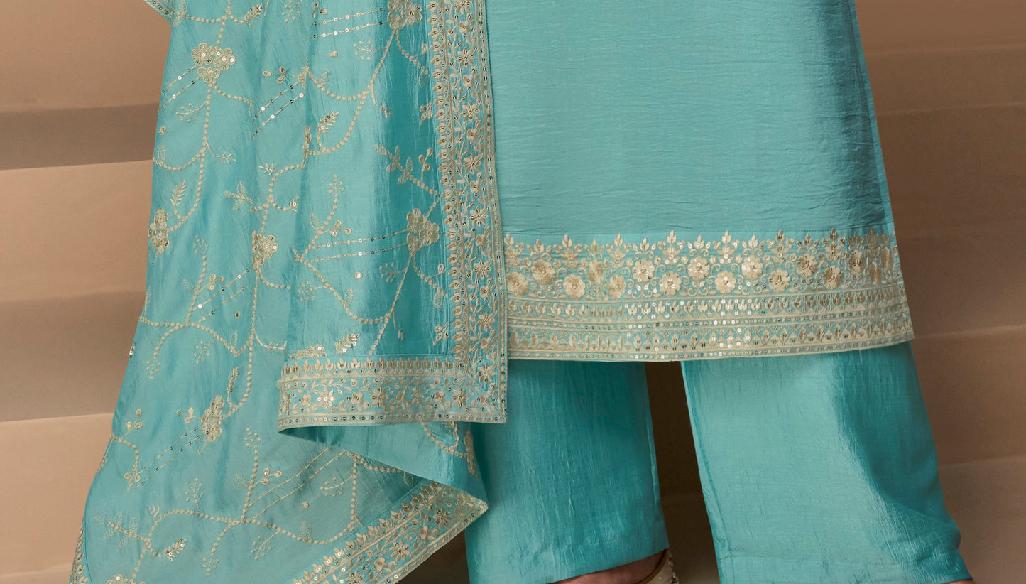 Cyan Chinon silk fabric exclusive salwar kameez sets for USA customers