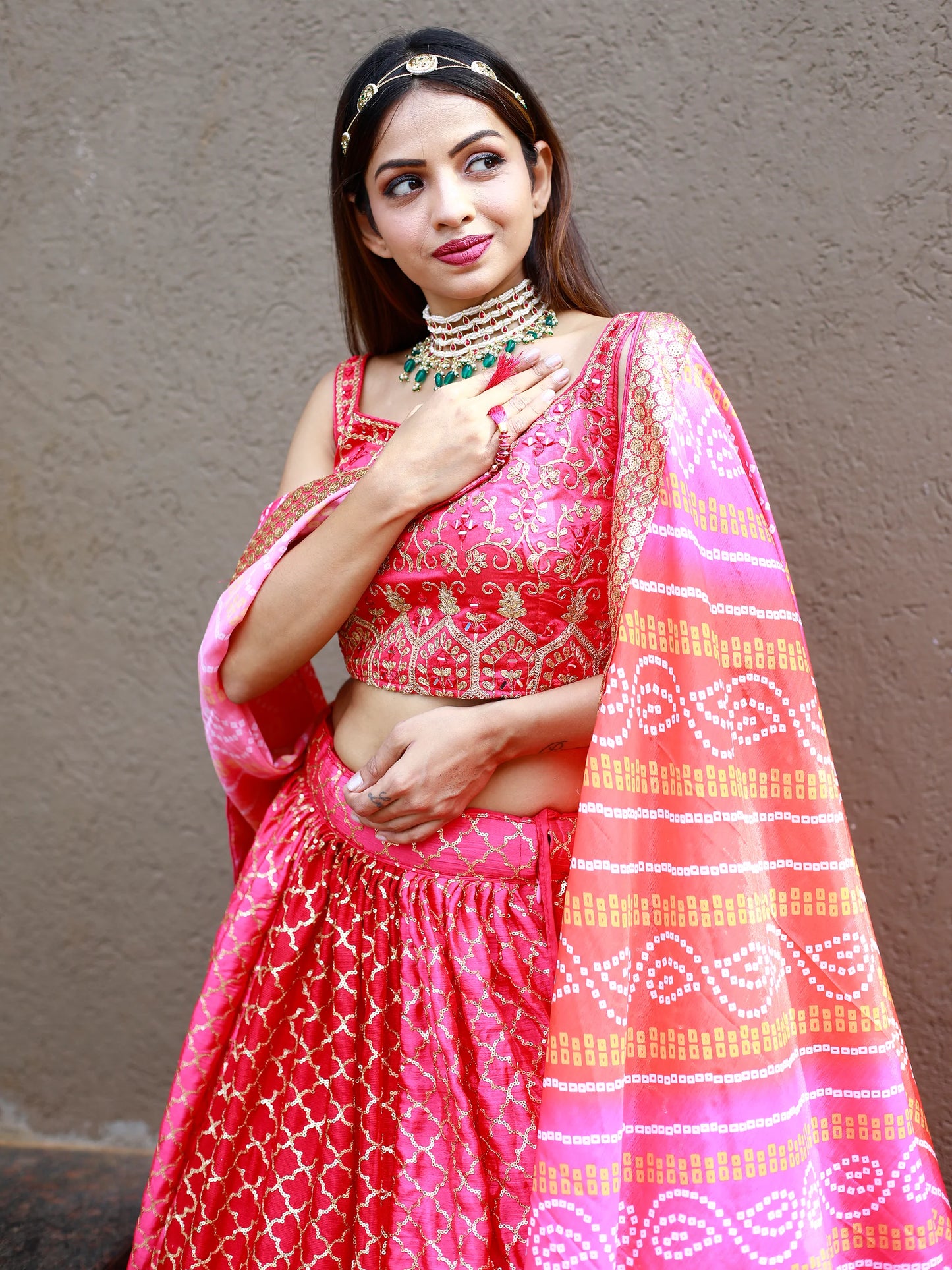 Newest Style Pink Color Ready To Wear Thread Embroidery Work Lehenga With Dupatta