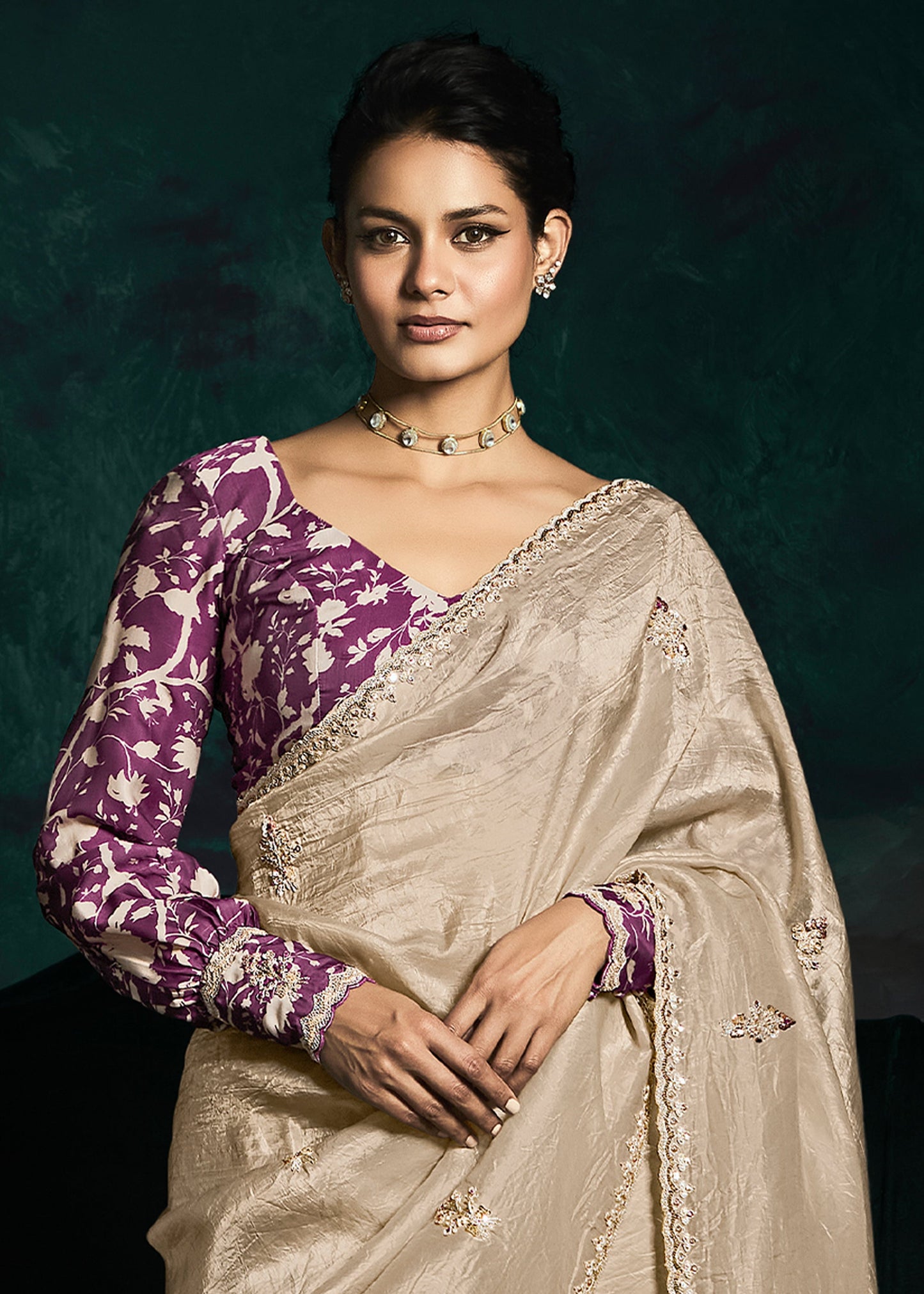 Beige Color Designer Embroidery Work Saree With Printed Blouse