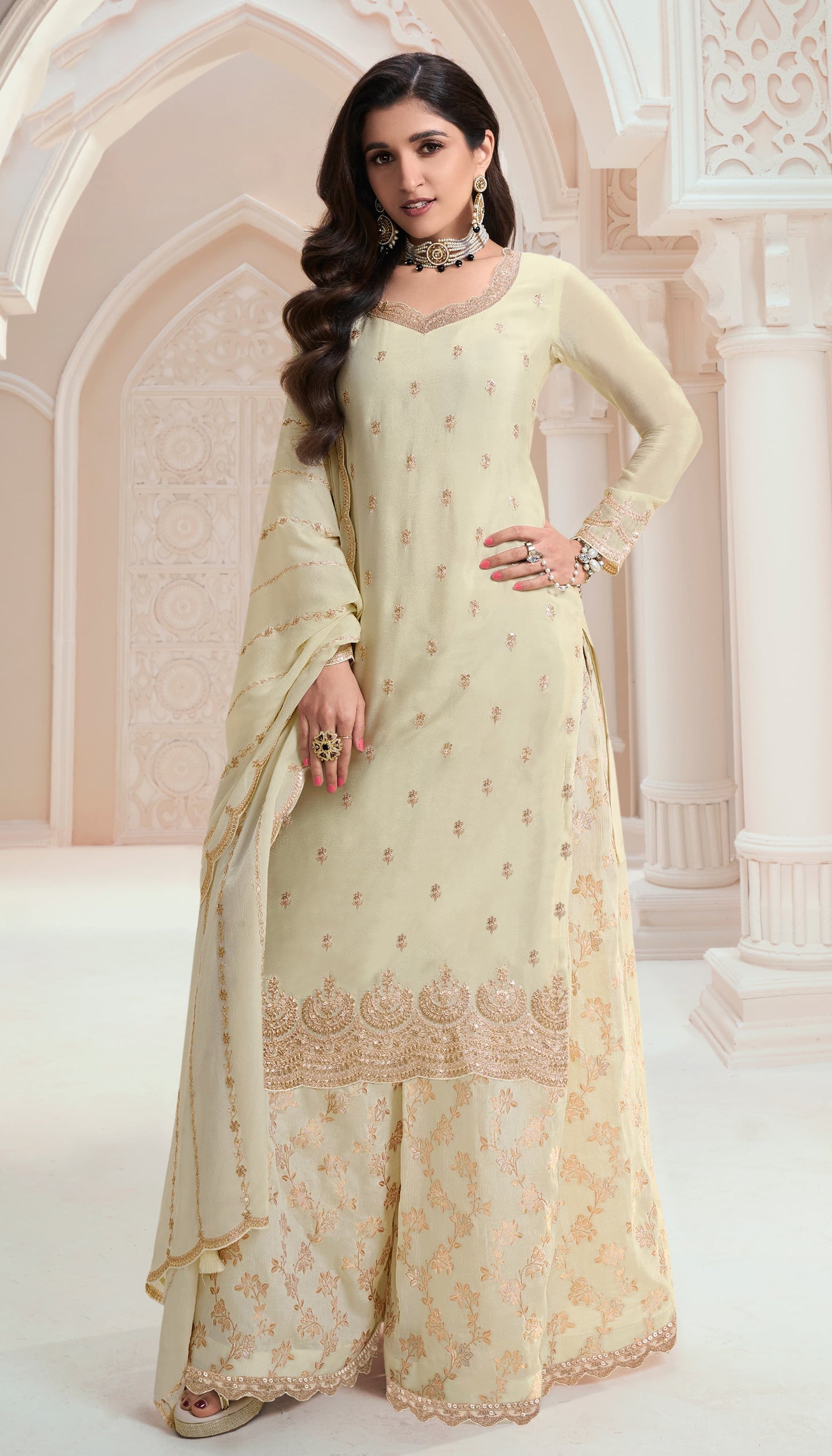 Wedding-Reception Special White Color Palazzo Dress With Dupatta