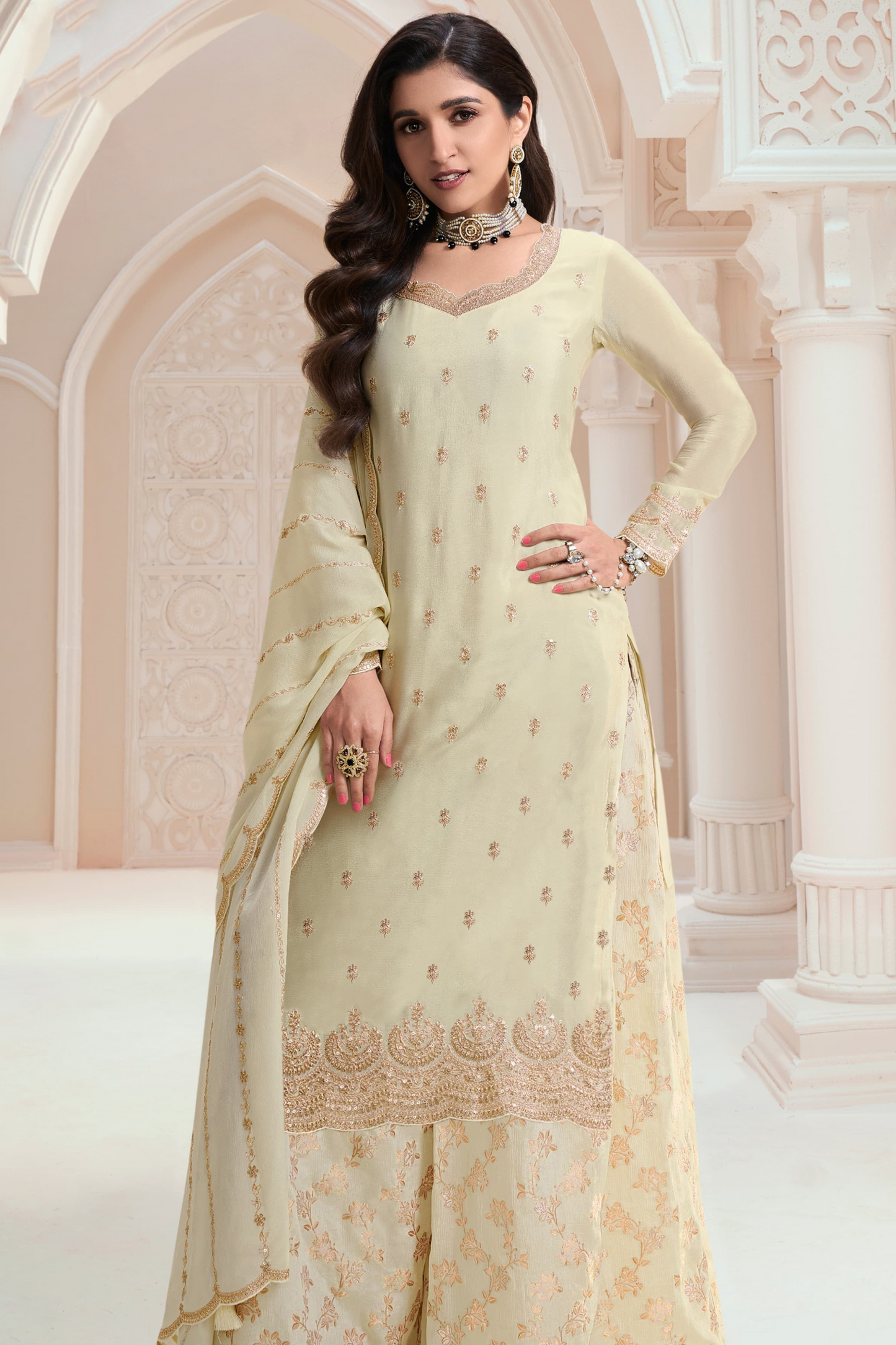 Wedding-Reception Special White Color Palazzo Dress With Dupatta