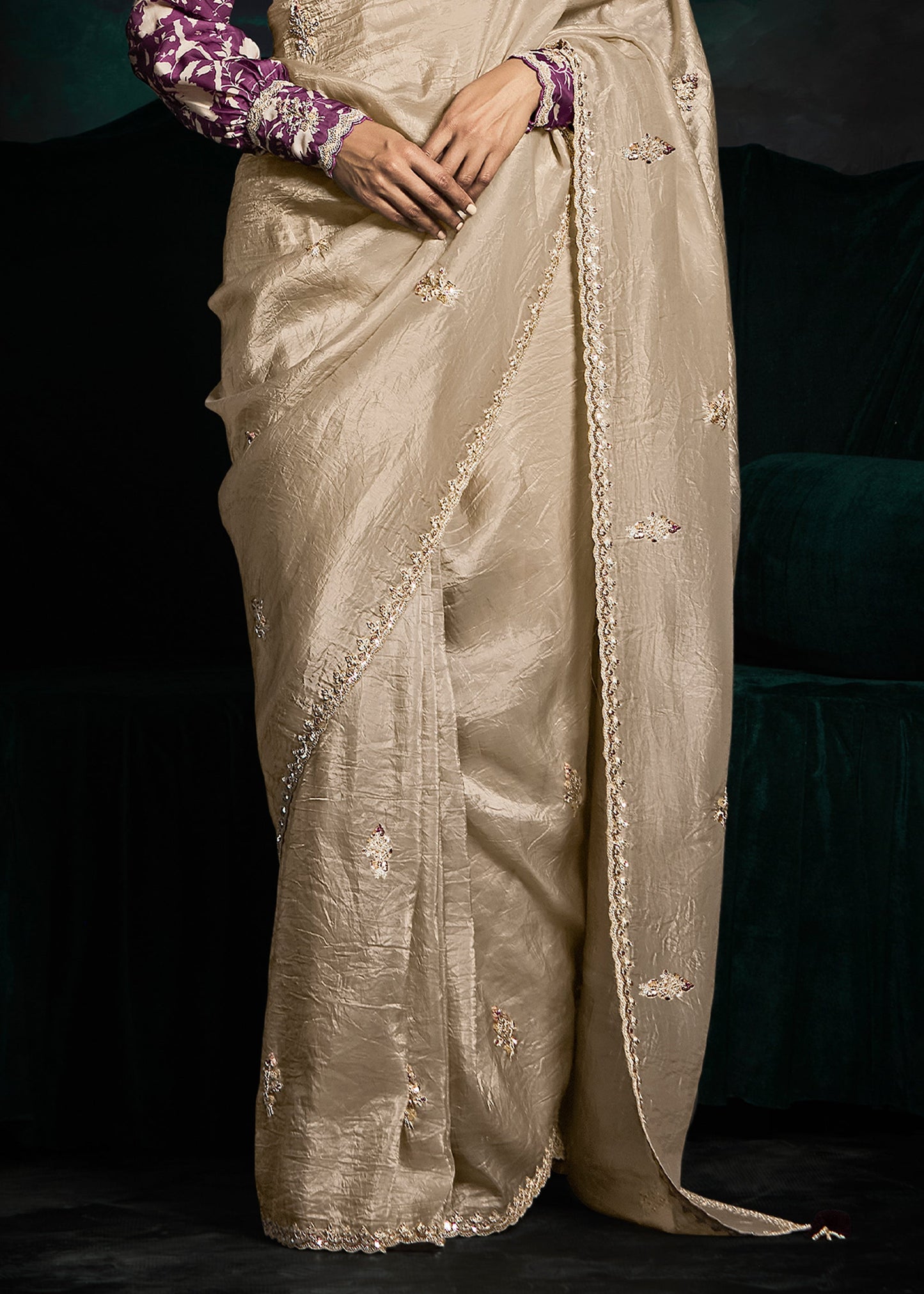Beige Color Designer Embroidery Work Saree With Printed Blouse