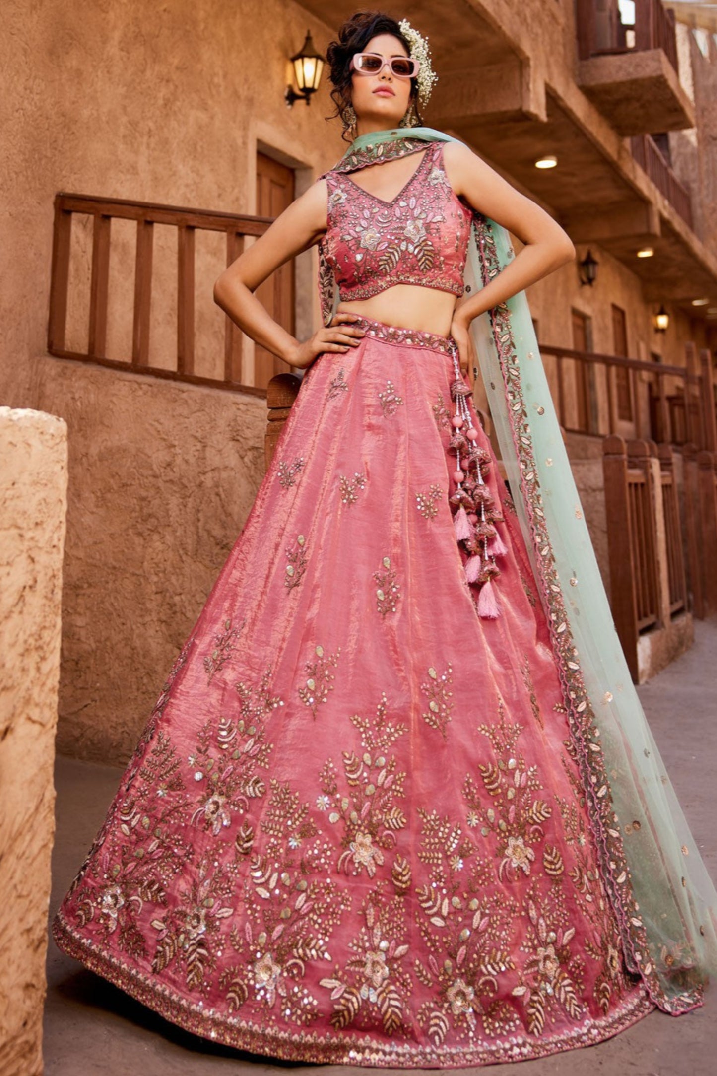 Pakistani Designe Pink Color Coding & Embroidery Work For Nikah Wear Lehenga Choli With Net Fabric Dupatta