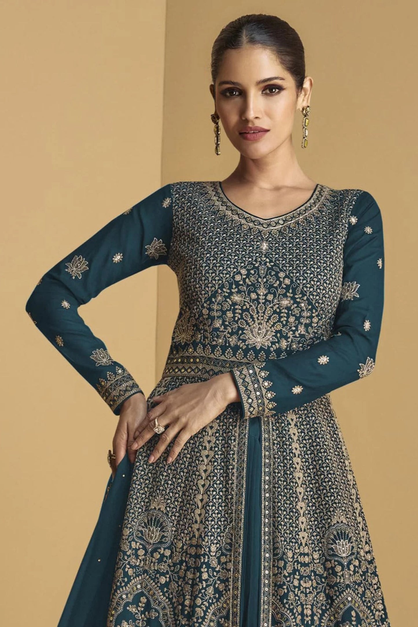 Premium Teal Color Anarkali Gown Suit With Dupatta For Special Occasions And Wedding