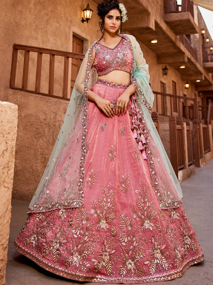 Pakistani Designe Pink Color Coding & Embroidery Work For Nikah Wear Lehenga Choli With Net Fabric Dupatta