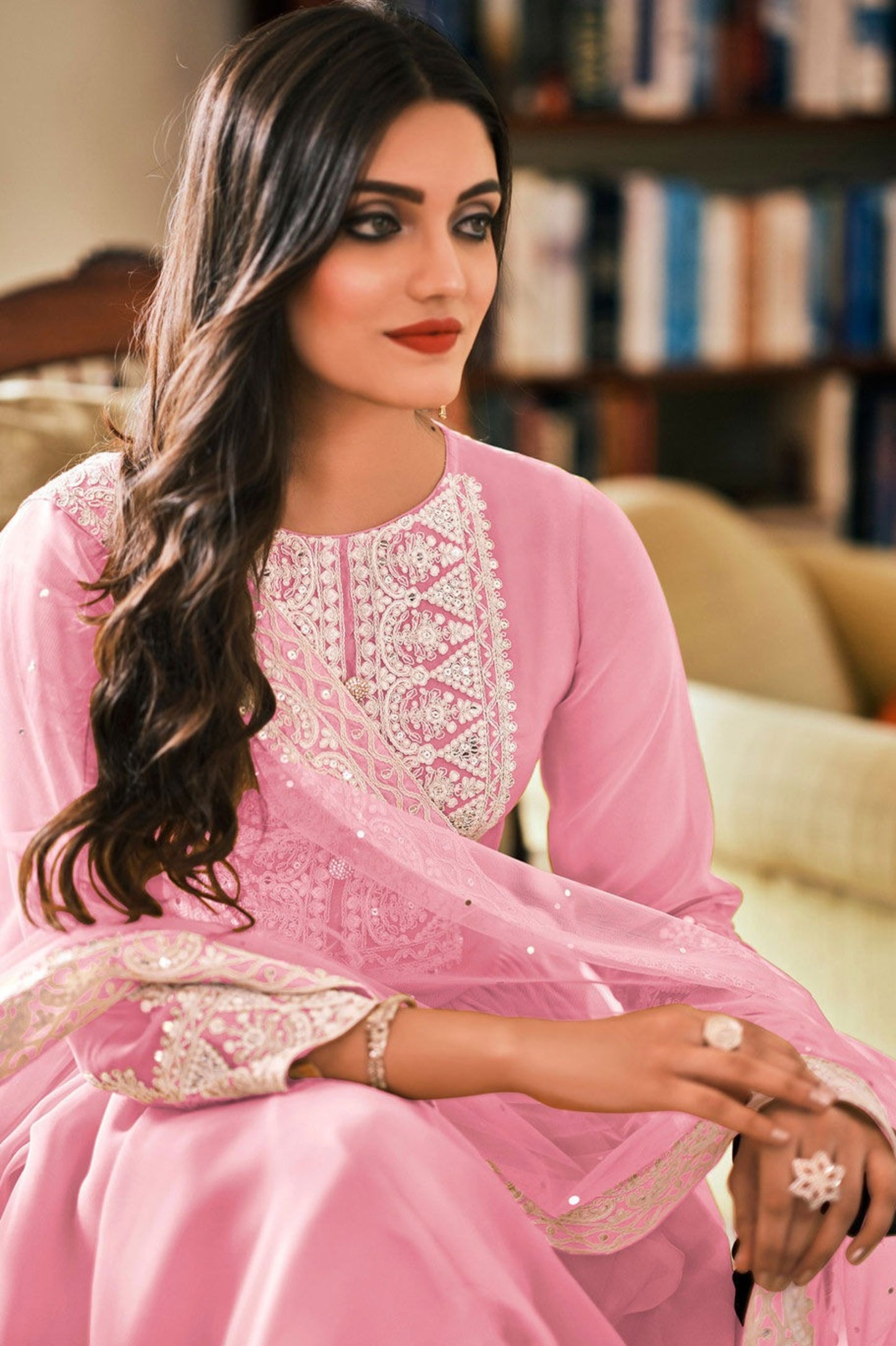 Pink Thread Embroidered Designer Salwar Kameez Palazzo with Dupatta
