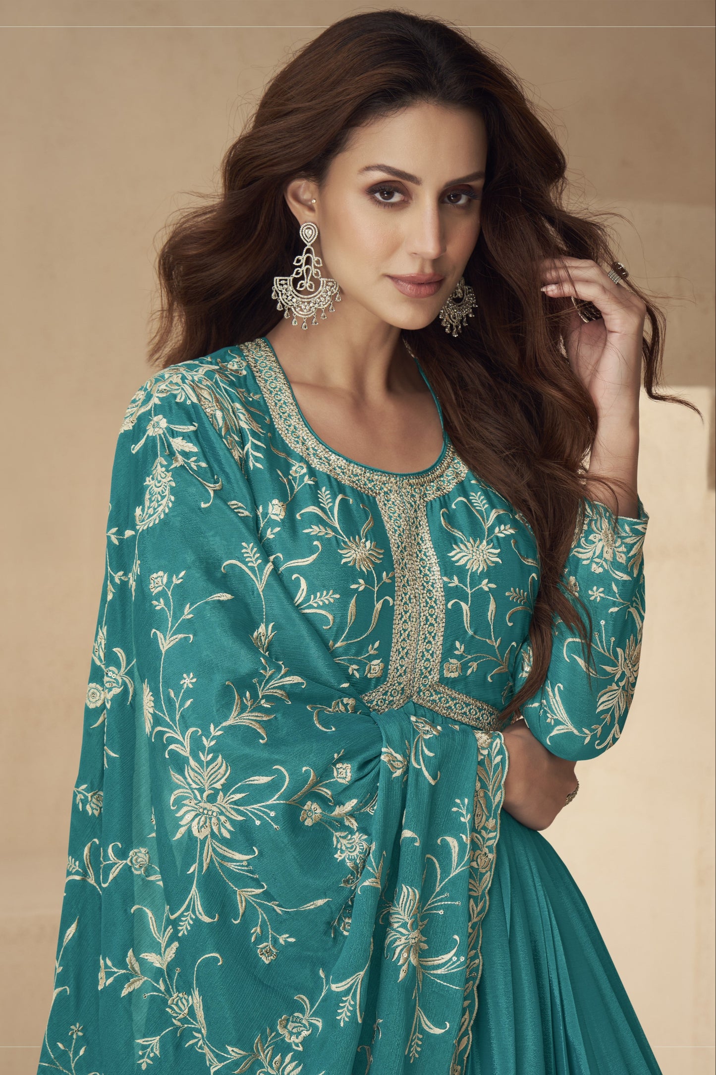 Stunning teal blue gown with a rich and elegant look, perfect for receptions, evening parties, and festive occasions.