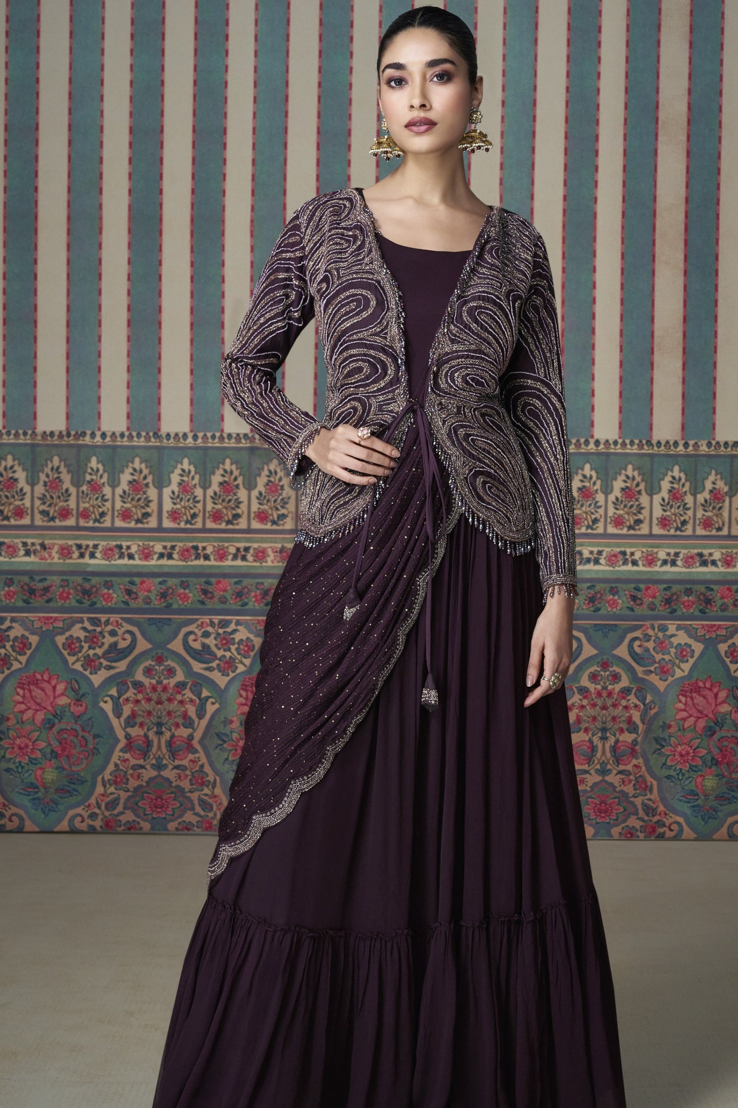 Wine Anarkali gown in Chinon silk with embroidery work, exuding rich elegance perfect for weddings and festive occasions.