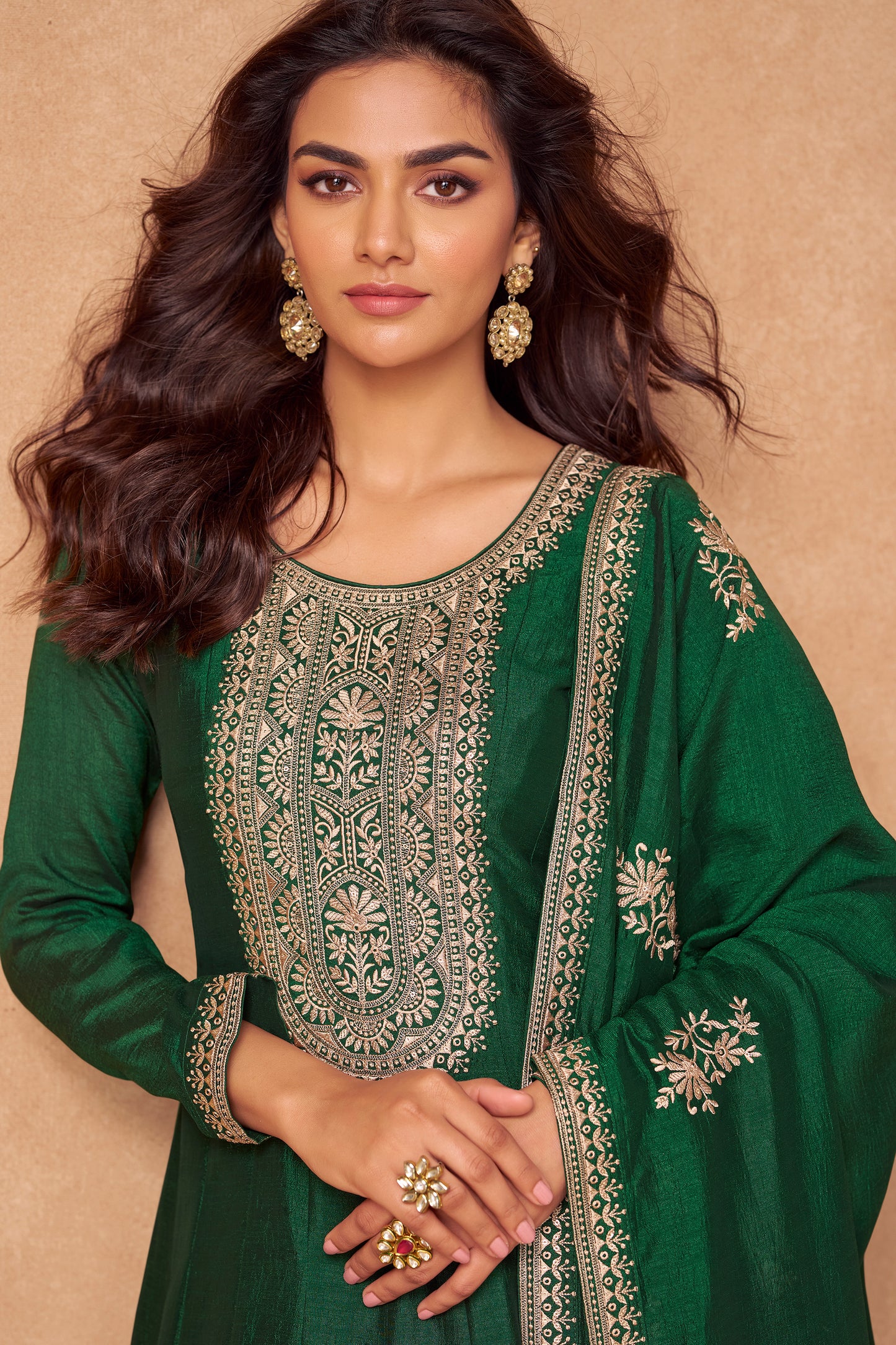 Dark green Anarkali gown offers a regal and graceful look, ideal for evening events, festive occasions, or weddings.