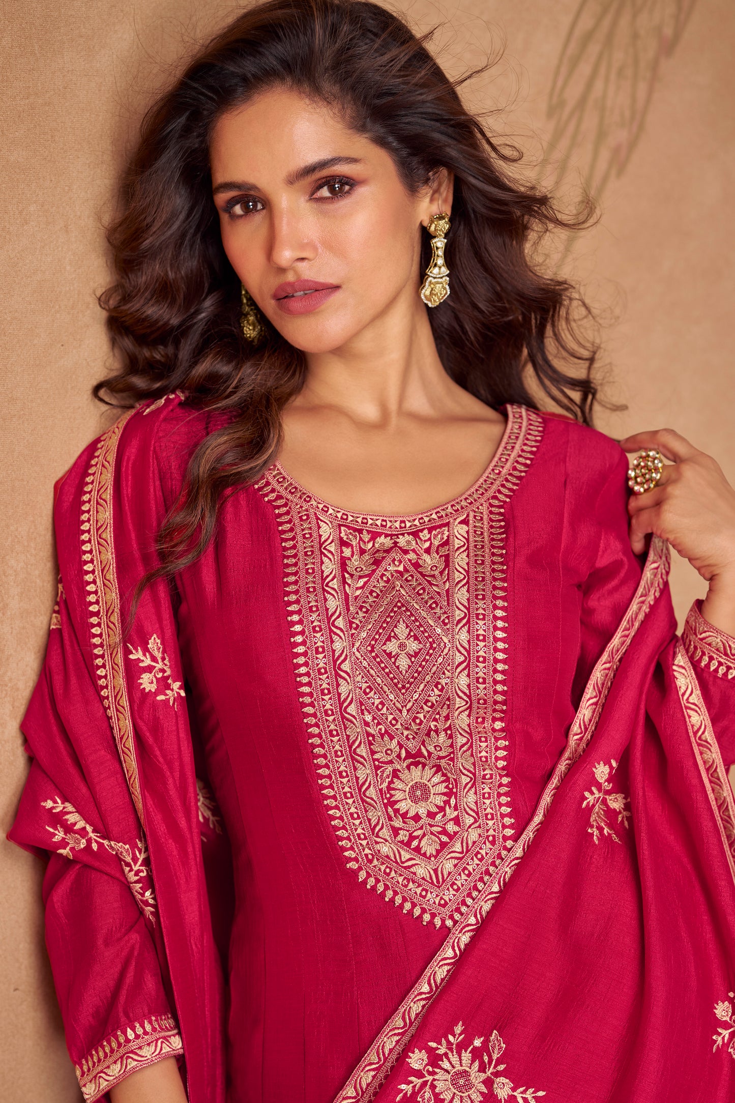 Red color Anarkali gown symbolizes elegance and tradition, perfect for weddings, receptions, and festive celebrations.