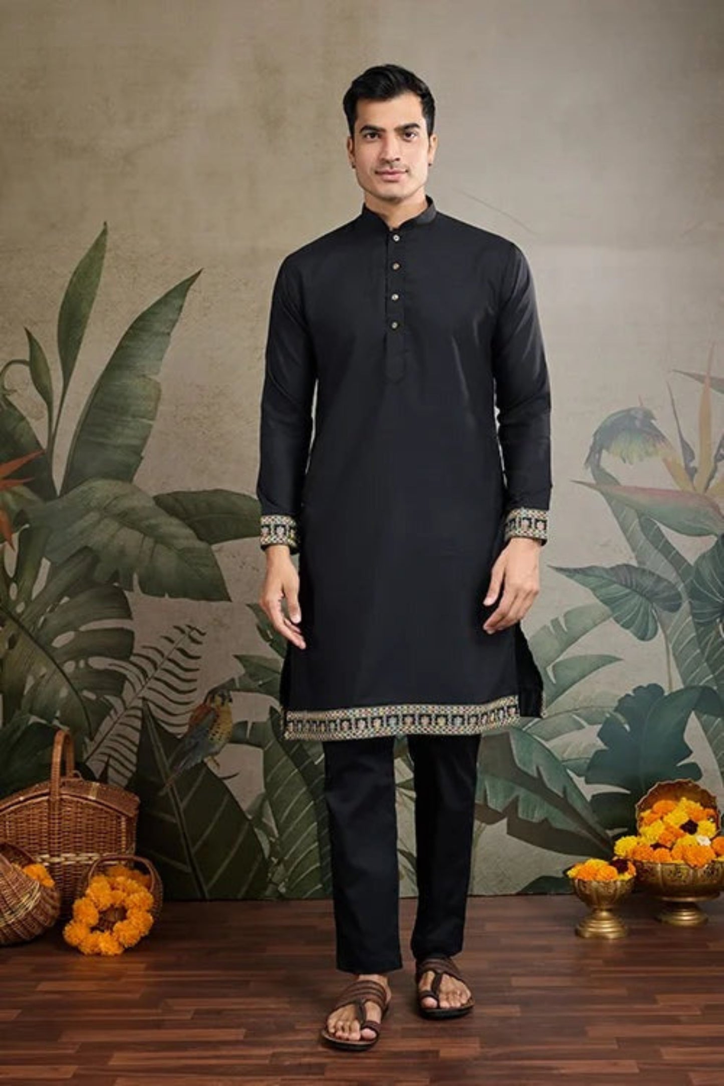 Elegant Black Color Viscose Silk Kurta Set For Man Real Mirror Work With Matching Pant