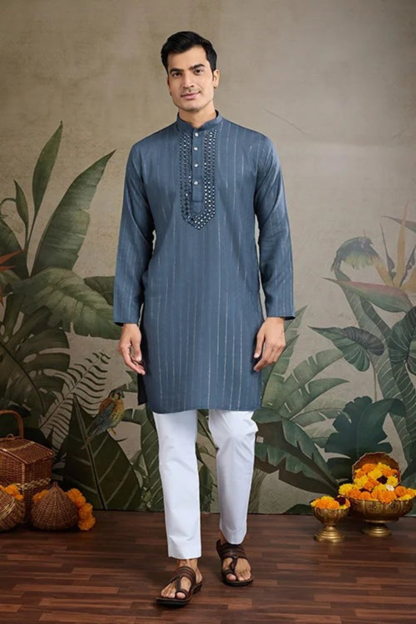 Latest Blue Color Viscose Rayon Kurta Set For Men Real Mirror Work With Matching Pant