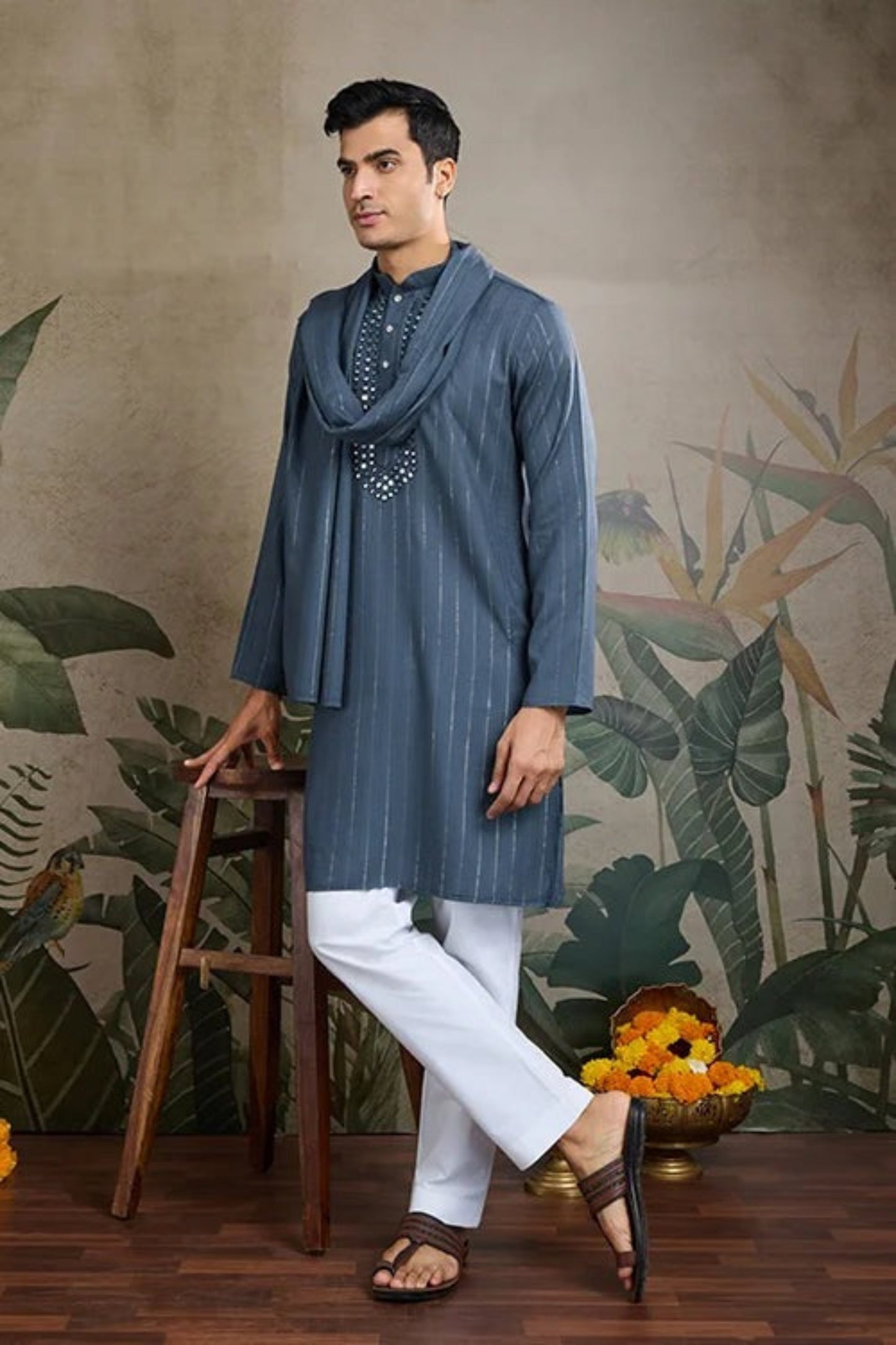 Latest Blue Color Viscose Rayon Kurta Set For Men Real Mirror Work With Matching Pant