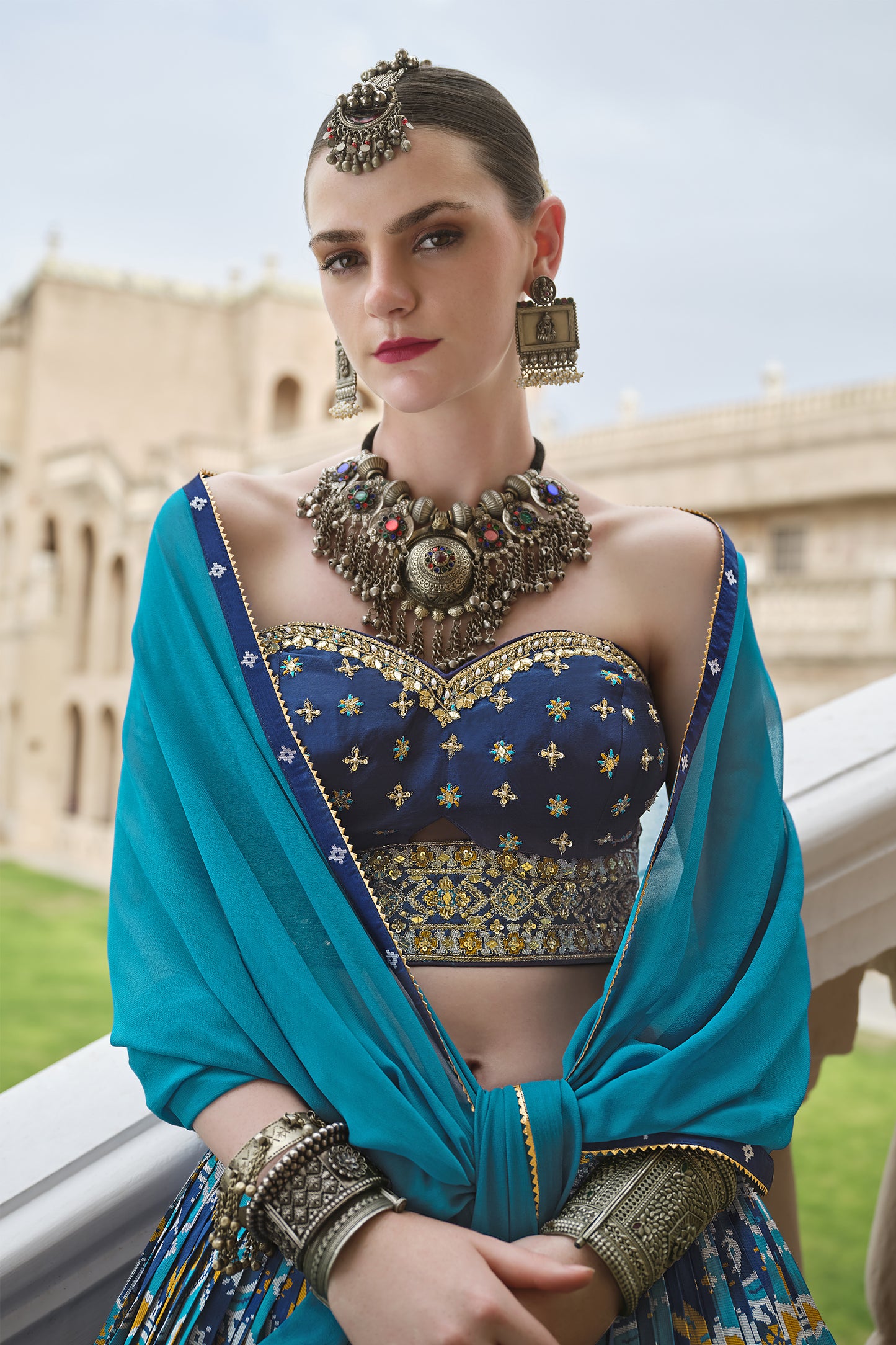 Elegant teal blue lehenga choli and dupatta — designer party set