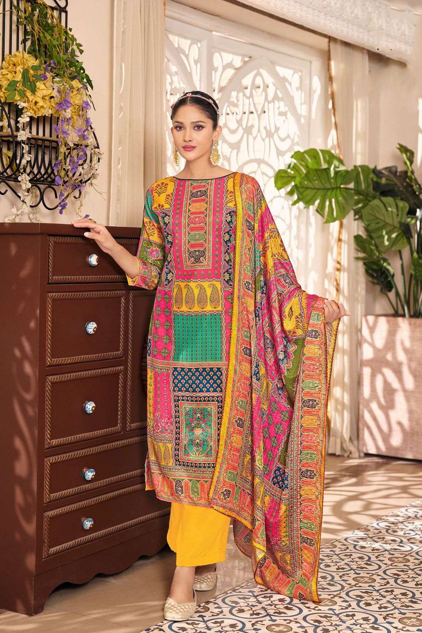 Premium yellow pure maslin designer embroidery work salwar suit