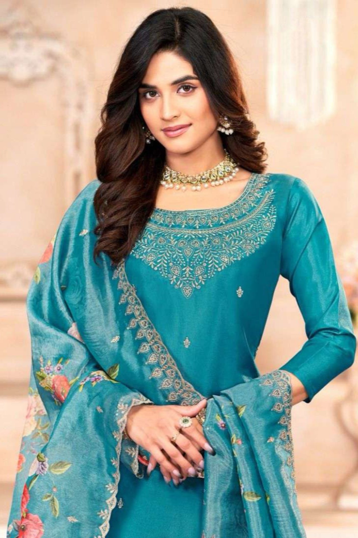 Teal blue cotton outfit with a vibrant yet calming tone—perfect for both everyday elegance and semi-formal occasions.