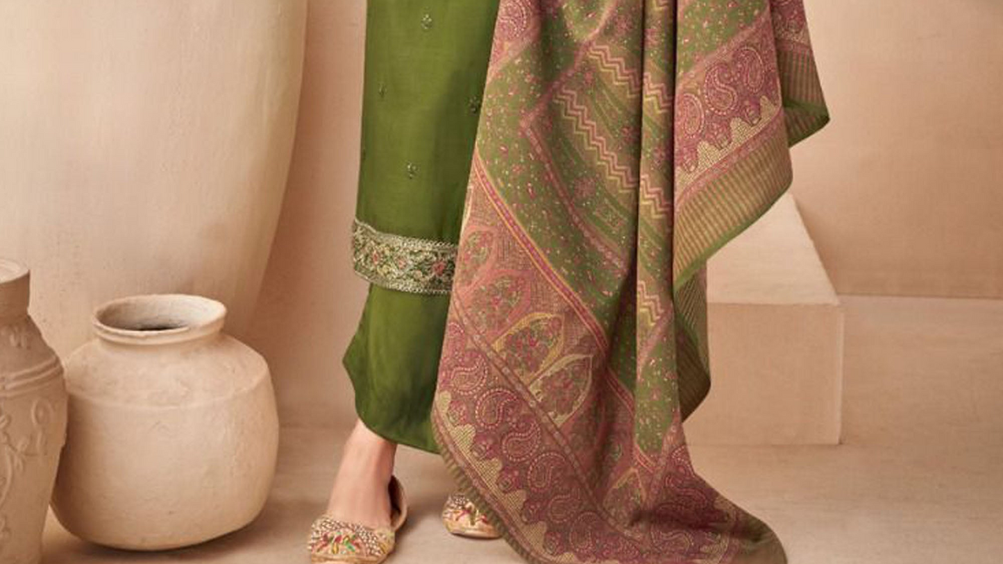 Traditional olive green maslin silk fabric salwar kameez pant suit