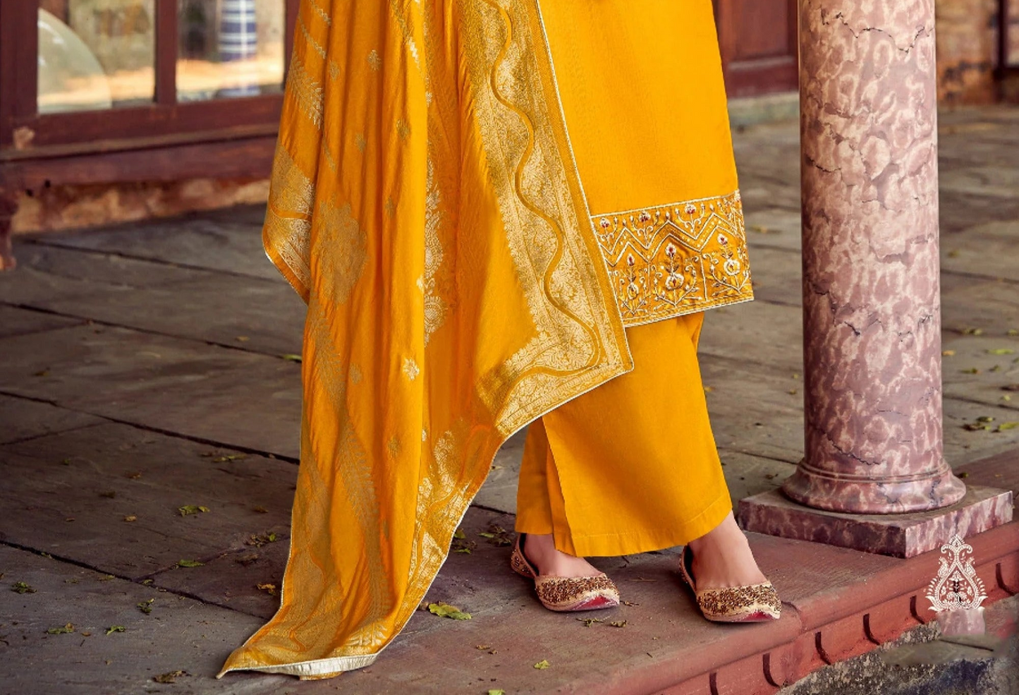 Latest yellow designer embroidery work santoon fabric salwar suit