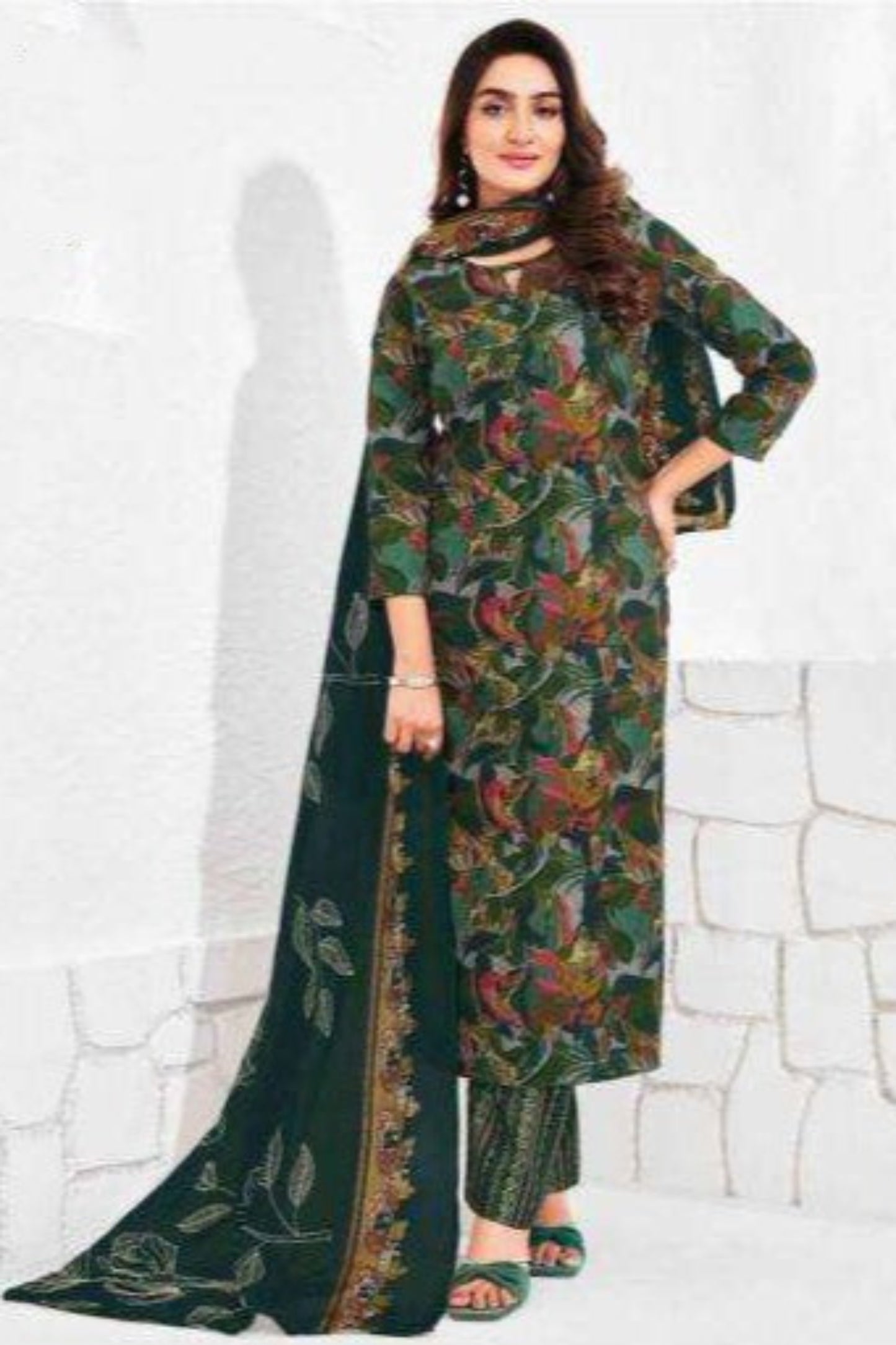 Dark green cotton outfit with a rich and earthy elegance, ideal for traditional events, festive wear, and graceful everyday style.