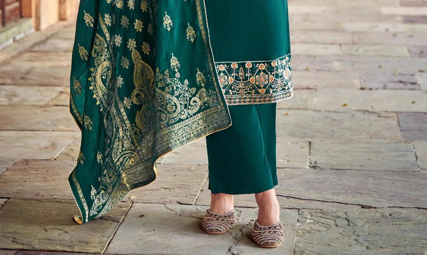 Ramdan Designer Teal Blue Embroidery Plazzo Suit With Jacquard Dupatta