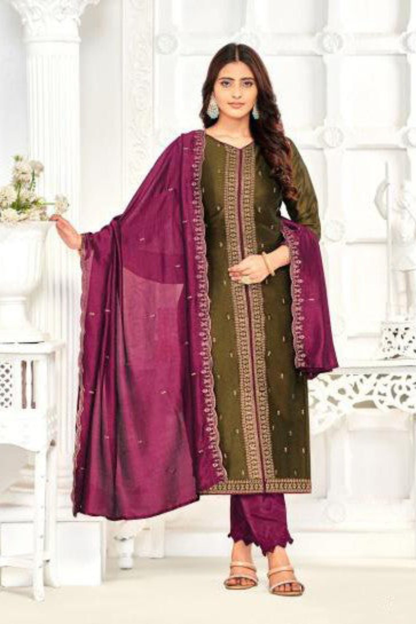 Olive green cotton outfit with a natural and earthy tone, ideal for casual wear, festive lunches, and everyday elegance.