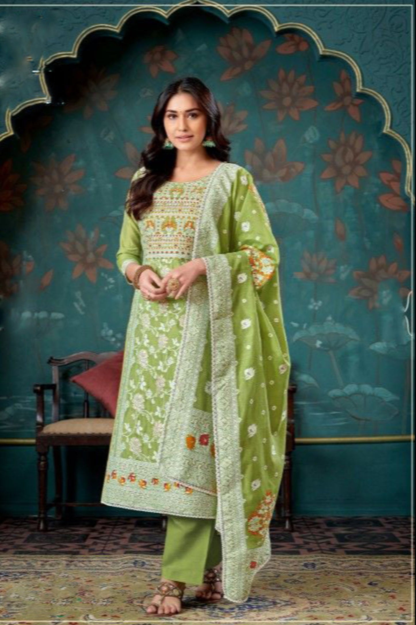 Pistachio green cotton outfit with a fresh and soothing feel, perfect for everyday wear, summer outings, and festive mornings.