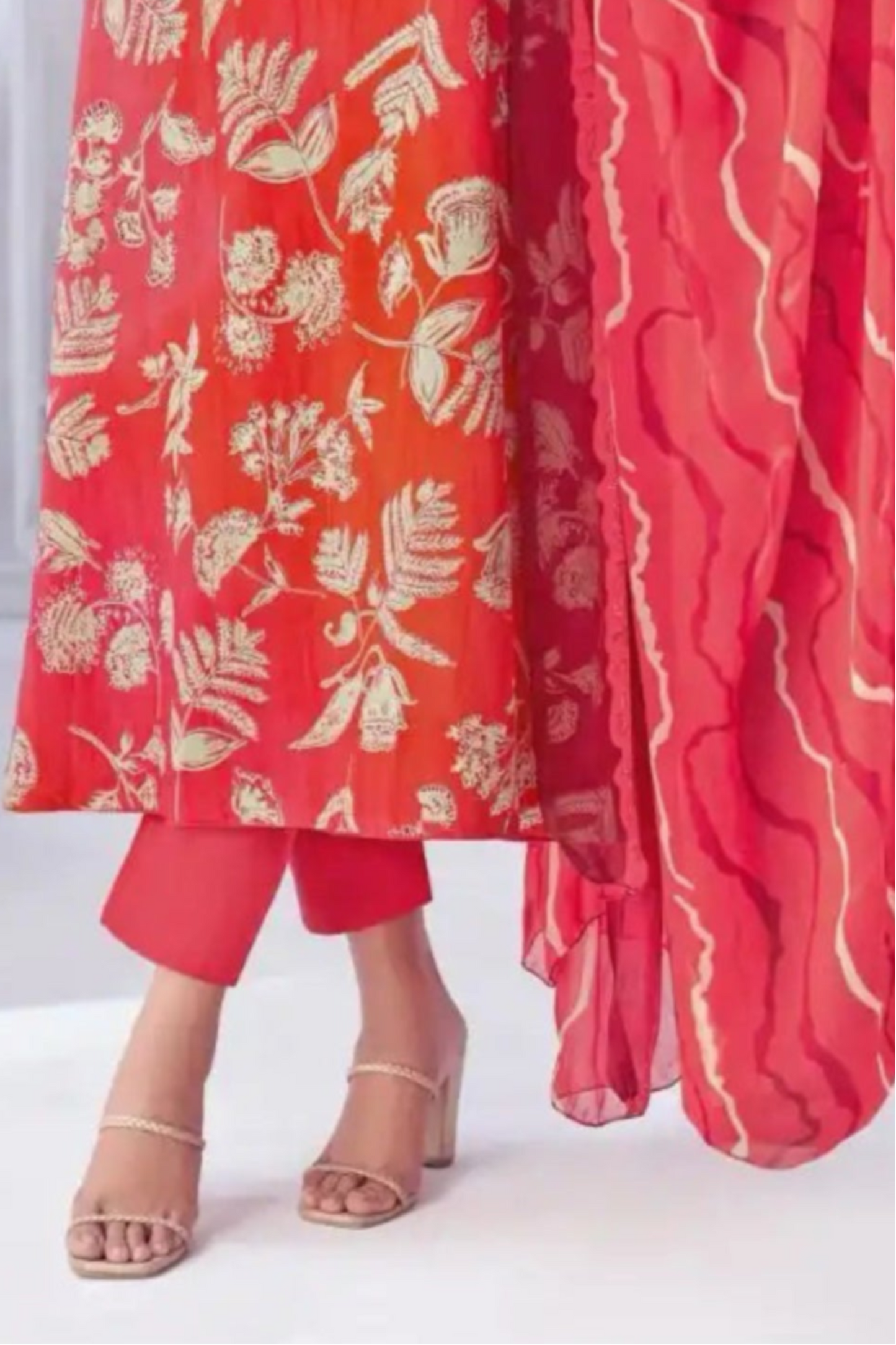 Light red cotton outfit with a soft and cheerful vibe, ideal for casual outings, daytime festivities, and comfortable everyday wear.
