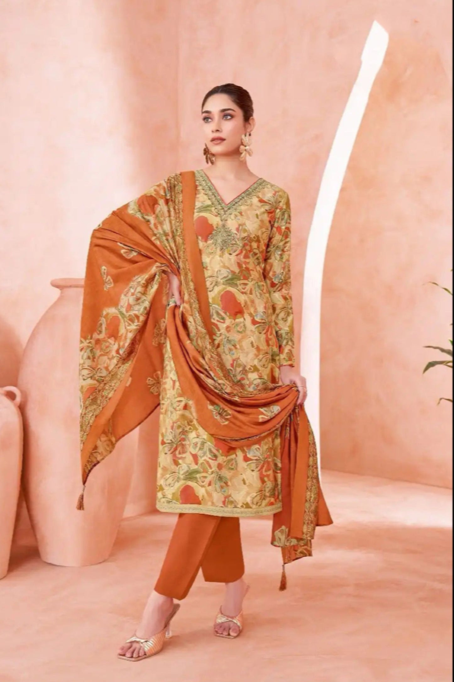 Dark orange cotton outfit with a bold and festive look, perfect for cultural events, traditional functions, and bright daytime wear.