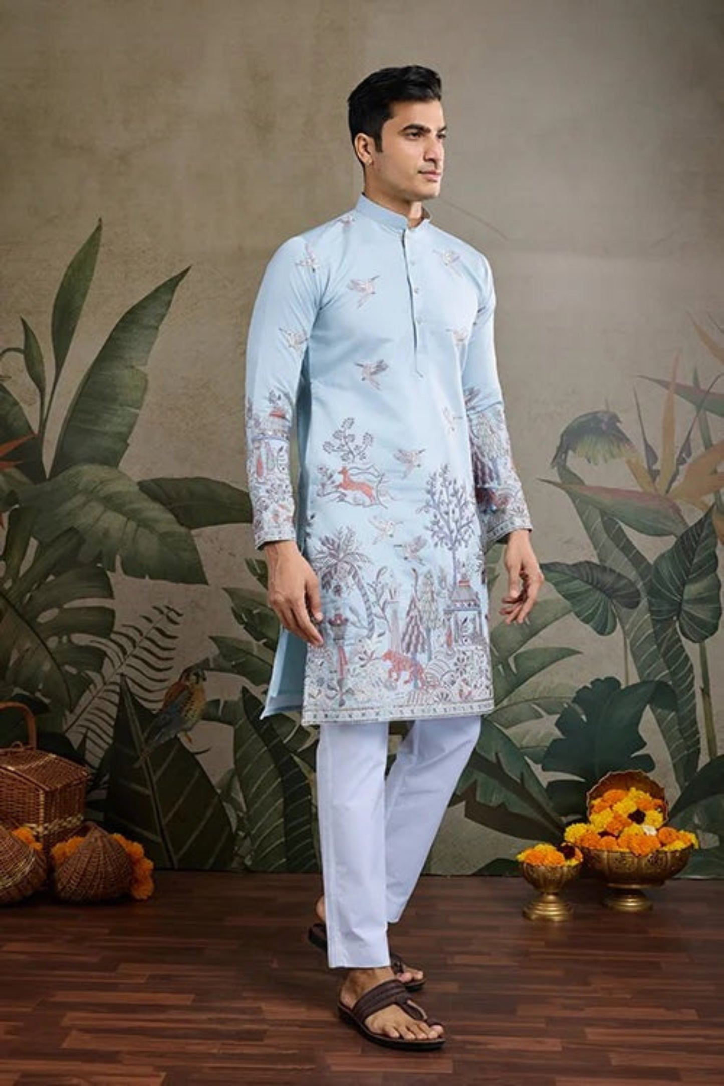 Latest Sky Blue Color Viscose Silk Kurta Set For Men Real Mirror Work With Matching Pant