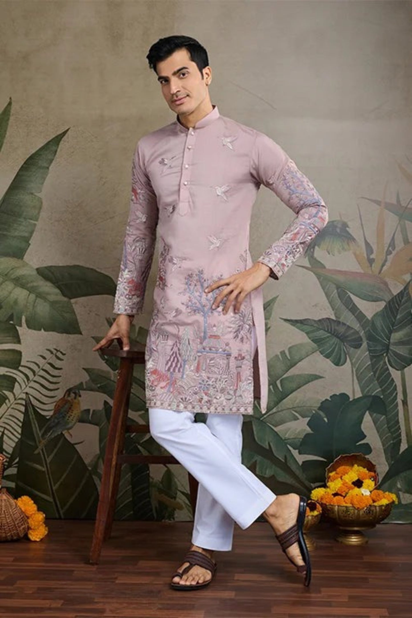 Exclusive Baby Pink Color Viscose Silk Kurta Set For Man Real Mirror Work With Matching Pant