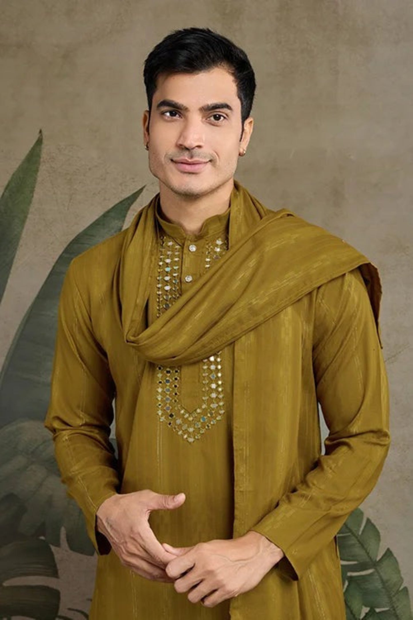 Premium Olive Gold Color Viscose Rayon Kurta Set For Man Real Mirror Work With Matching Pant