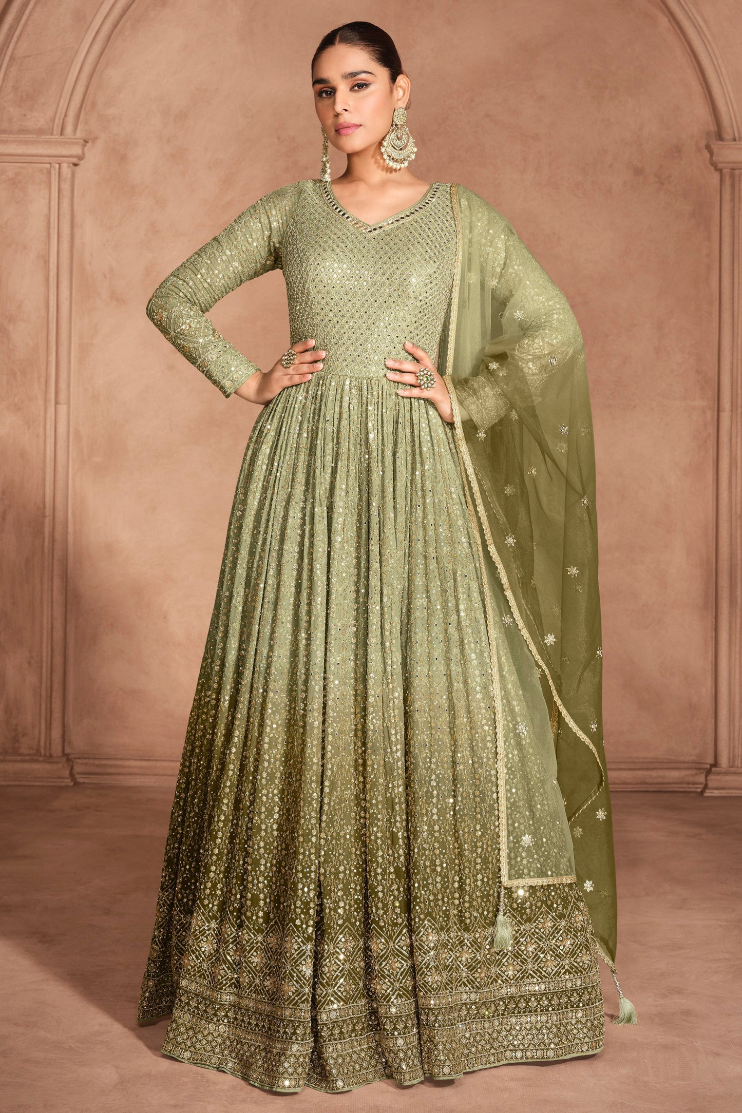 Elegant Olive Green Embroidered Gorgettle Anarkali Gown Suits For Western Women