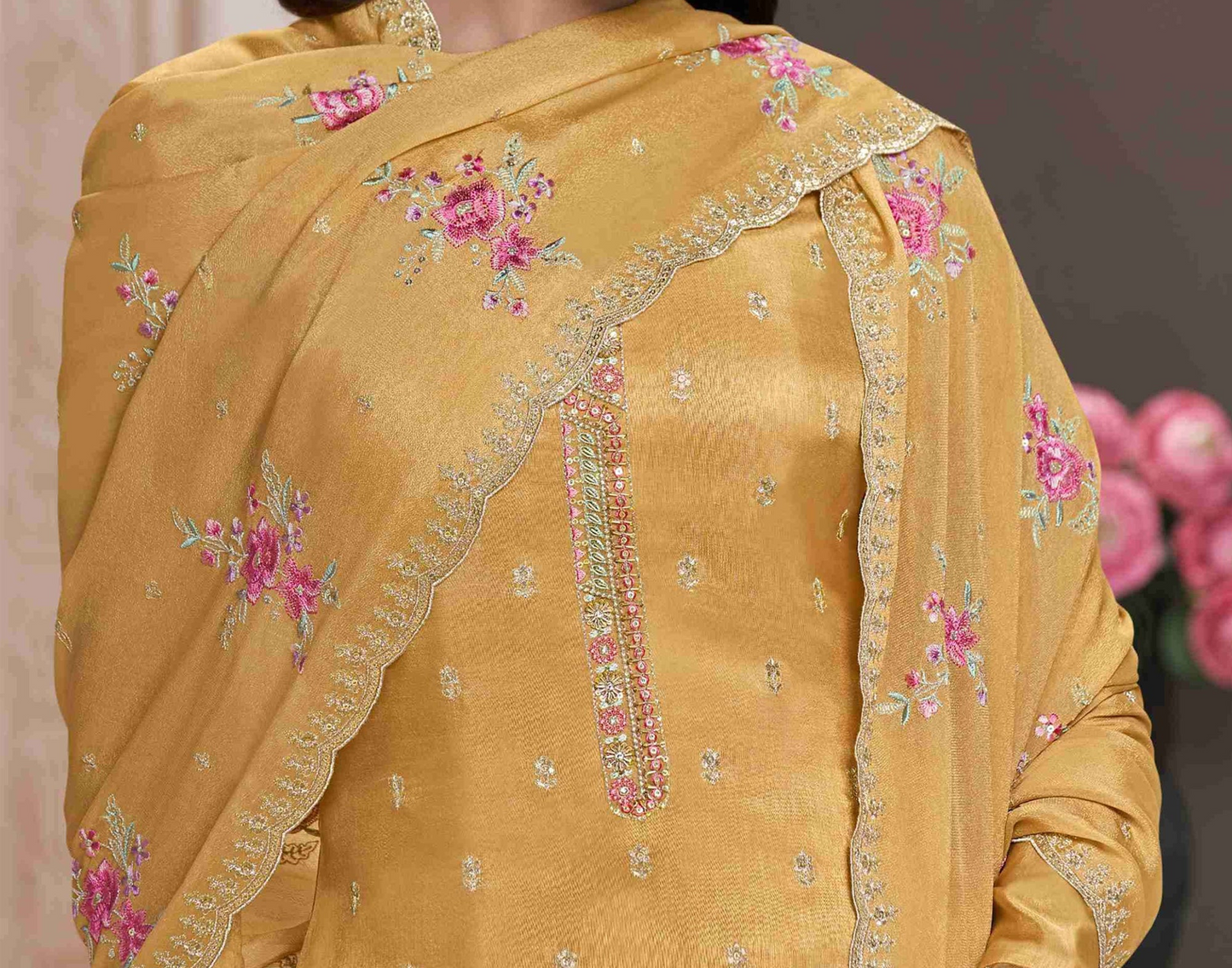 Yellow salwar kameez is bright and happy. Good for haldi or sunny events.