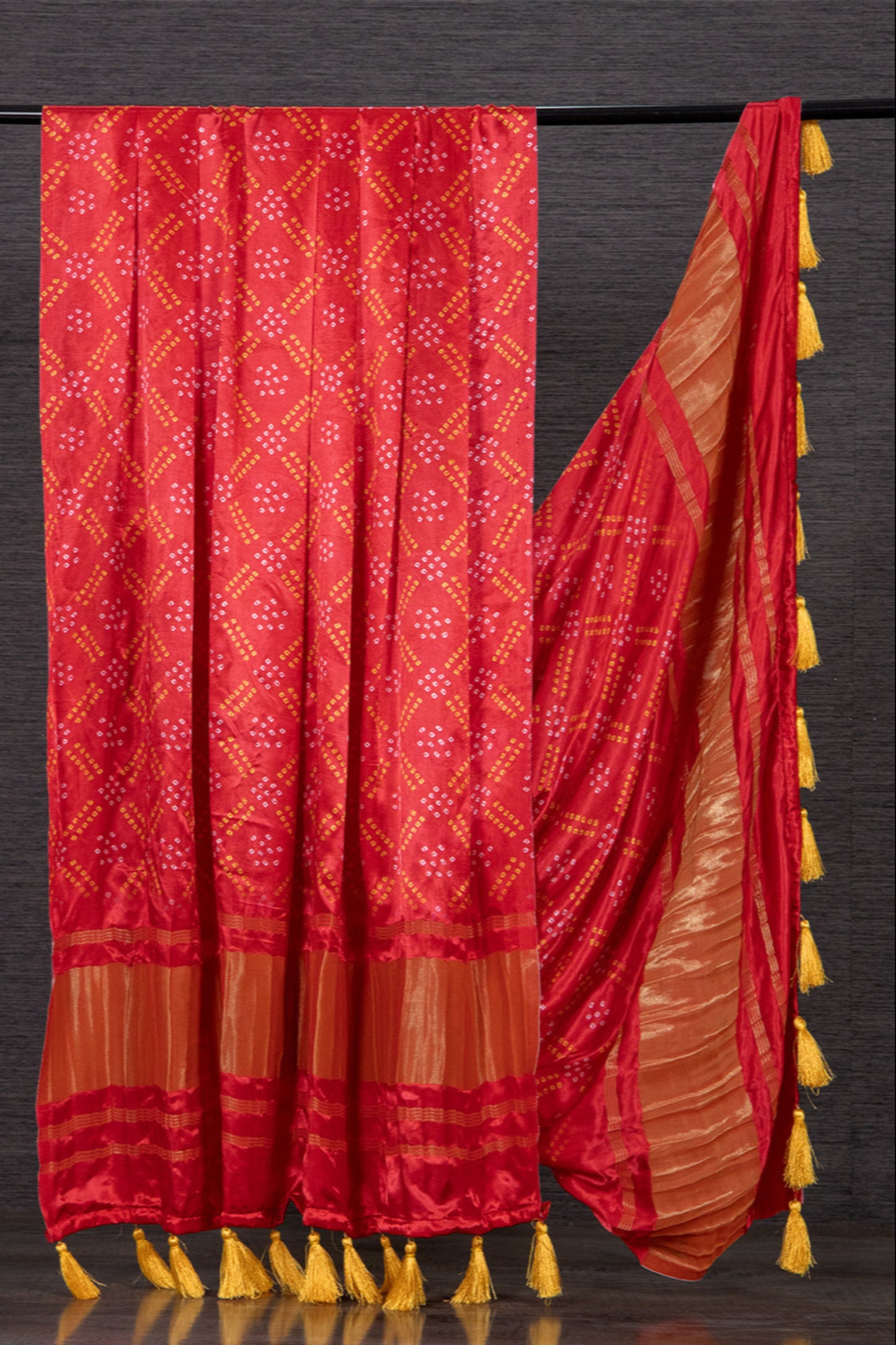 Light red color Gaji silk fabric with printed dupatta, adorned with subtle yet elegant motifs that bring a soft festive charm to your salwar kameez attire.