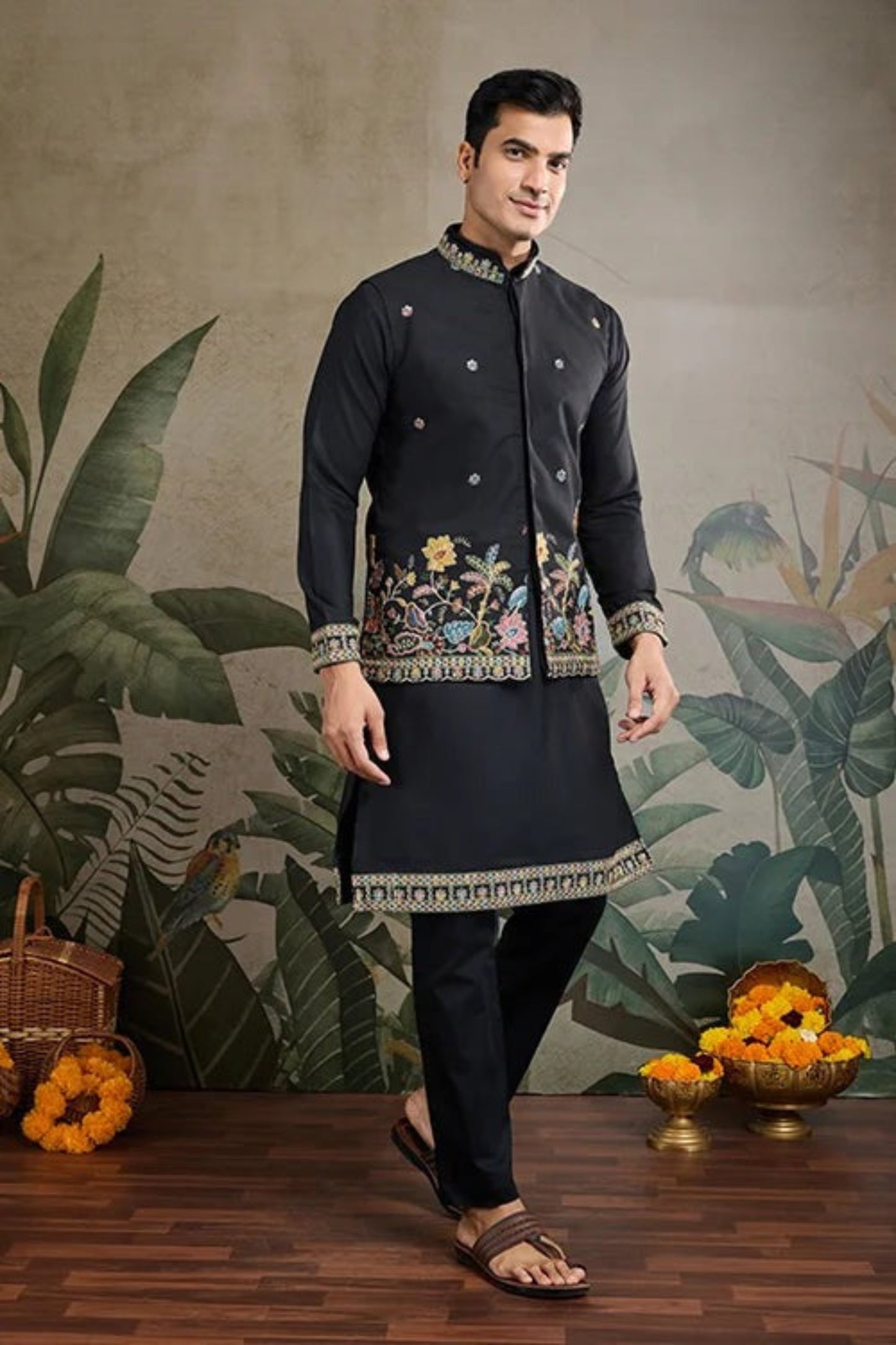 Elegant Black Color Viscose Silk Kurta Set For Man Real Mirror Work With Matching Pant