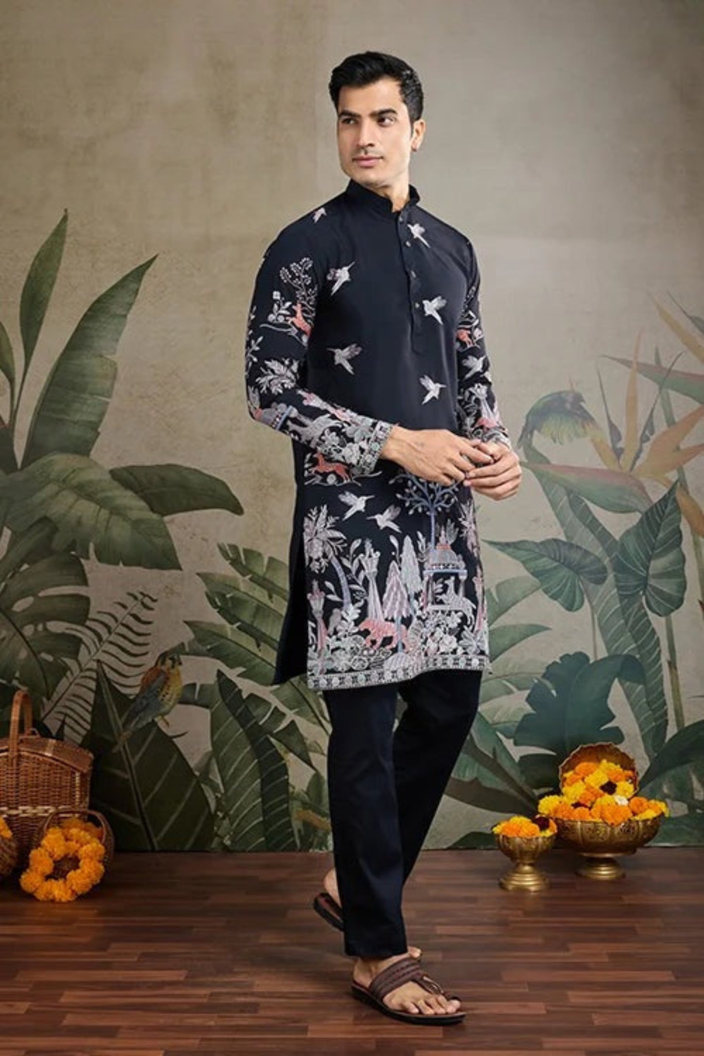 Elegant Navy Blue Color Viscose Silk Kurta Set For Man Real Mirror Work With Matching Pant