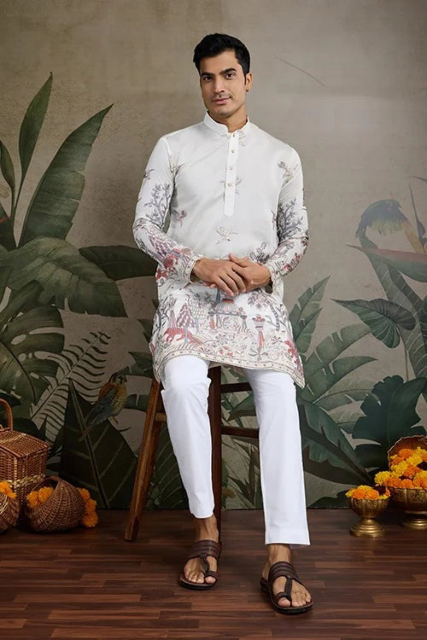 White Color Viscose Silk Kurta Set For Man Real Mirror Work With Matching Pant